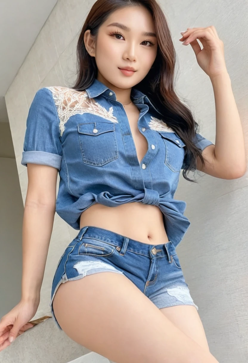 (best high quality:1.2), Work of art, 8k, extremely detailed, (High detail:1.2), ((perfect ??????? in hands)), (Hotlexi woman), Solo, 24 year old Asian female, ((Mini denim shorts, small blouse, panty straps showing at the top of the shorts)),
