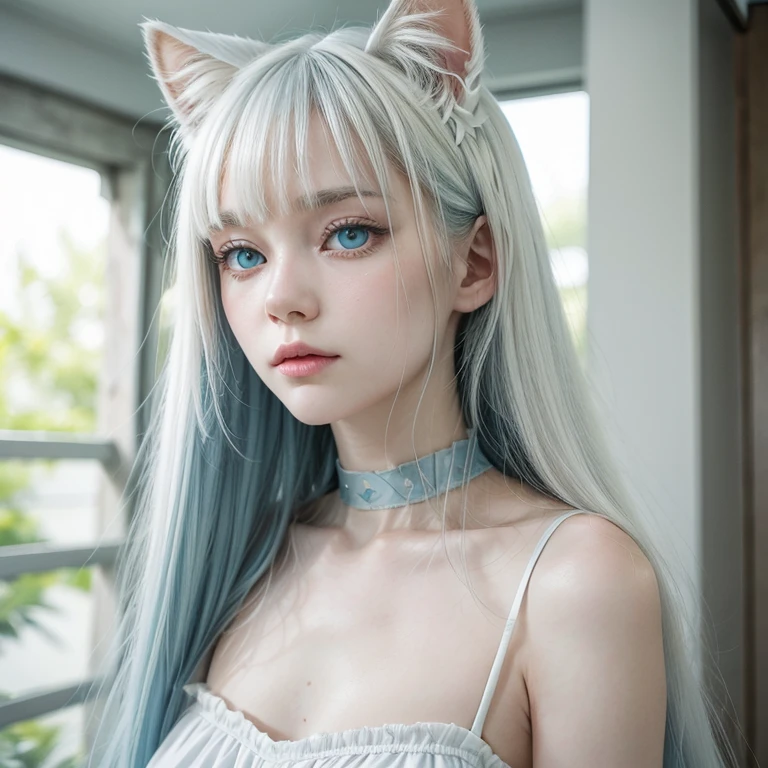 Female, cerulean eyes, long white hair with bangs, pale skin, white cat ears