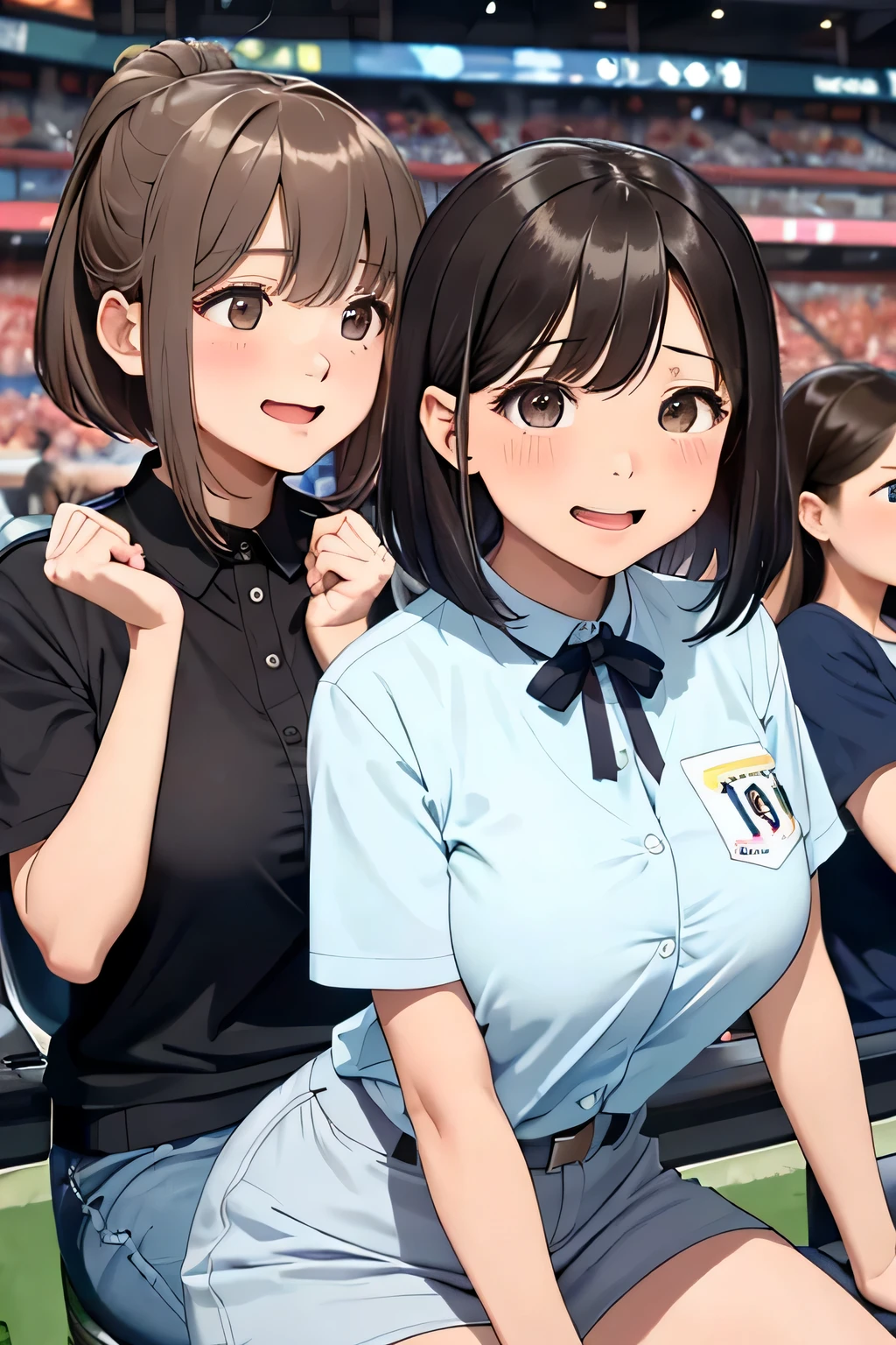 (highest quality:1.4)、(High resolution)、detailed background、(detailed beautiful face:1.4)、anatomically correct、(Depict the normal number of fingers:1.2)、(detailed facial expressions)、beautiful and smooth skin、Teenage beauty、(two women)、(huge breasts:1.3)、cute hair color、brown hair、bob cut、ponytail、cowboy shot、baseball Ground、Intense support from fans and an enthusiastic atmosphere、sexy uniform、emphasize the chest、
(Two beautiful girls excitedly watch a sports game in the stands:1.5)、I'm extremely excited、Raise your arms in excitement、stretch your arms、
Eyes wide open、Mouth slightly open or smiling、A part of the body is moving slightly、
Your hands are shaking slightly or your body is swaying back and forth、A slight redness on the face and neck due to an increased heart rate、cute