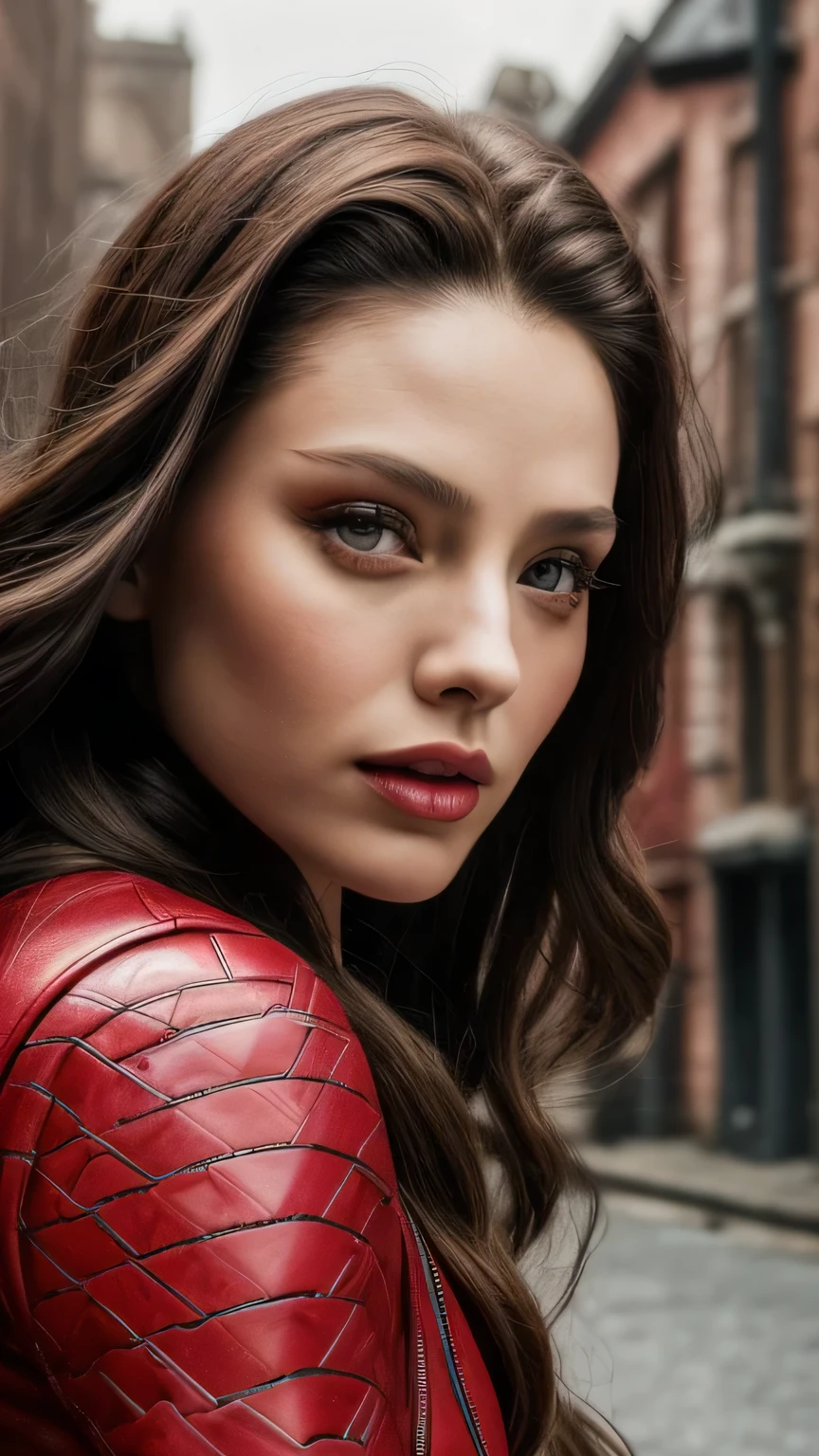 Highly detailed female photos, Lola Elizabeth, Scarlet Witch, the avengers, wearing a black lace dress, open red leather jacket, 8k uh, RAW photo, model photography, masterpiece, 最high quality, high quality, High resolution, (On a deserted city street)､(((close up of face)))､