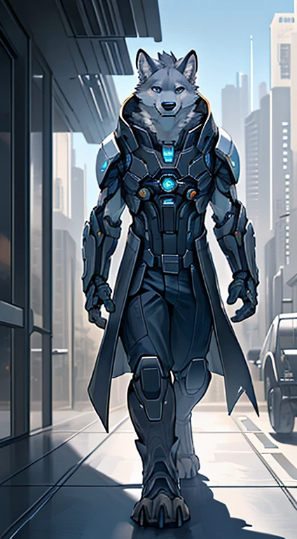 Front view, (mass effect game):1.4 full height, anthro (white wolf), male, white wolf, adult, solo, skinny:1, slim:1 build, tall, (brown:1 futuristic high tech cloths, brown vest, coat), dark pants, robotic paws, correct anatomy, tail, skinny:1.9, (white:1 fur, detailed fur:1.4), smiling, (high quality ultradetailed:1 blue eyes), futuristic city background, photorealistic, hyperrealistic, ultradetailed, (masterpiece:1.2), epic, natural lighting, (by takemoto arashi, by meesh, by Taran Fiddler)