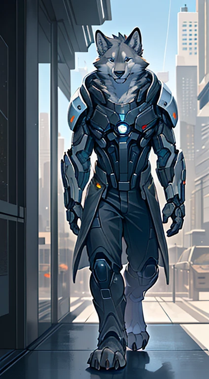 Front view, (mass effect game):1.4 full height, anthro (white wolf), male, white wolf, adult, solo, skinny:1, slim:1 build, tall,  (brown:1 futuristic high tech cloths, brown vest, coat), dark pants, robotic paws, correct anatomy, tail, skinny:1.9, (white:1 fur, detailed fur:1.4), smiling, (high quality ultradetailed:1 blue eyes), futuristic city background, photorealistic, hyperrealistic, ultradetailed, (masterpiece:1.2), epic, natural lighting, (by takemoto arashi, by meesh, by Taran Fiddler)