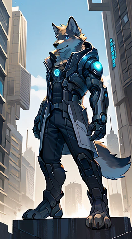 Front view, (mass effect game):1.4 full height, anthro (white wolf), male, white wolf, adult, solo, skinny:1, slim:1 build, tall, (brown:1 futuristic high tech cloths, brown vest, coat), dark pants, robotic paws, correct anatomy, tail, skinny:1.9, (white:1 fur, detailed fur:1.4), smiling, (high quality ultradetailed:1 blue eyes), futuristic city background, photorealistic, hyperrealistic, ultradetailed, (masterpiece:1.2), epic, natural lighting, (by takemoto arashi, by meesh, by Taran Fiddler)