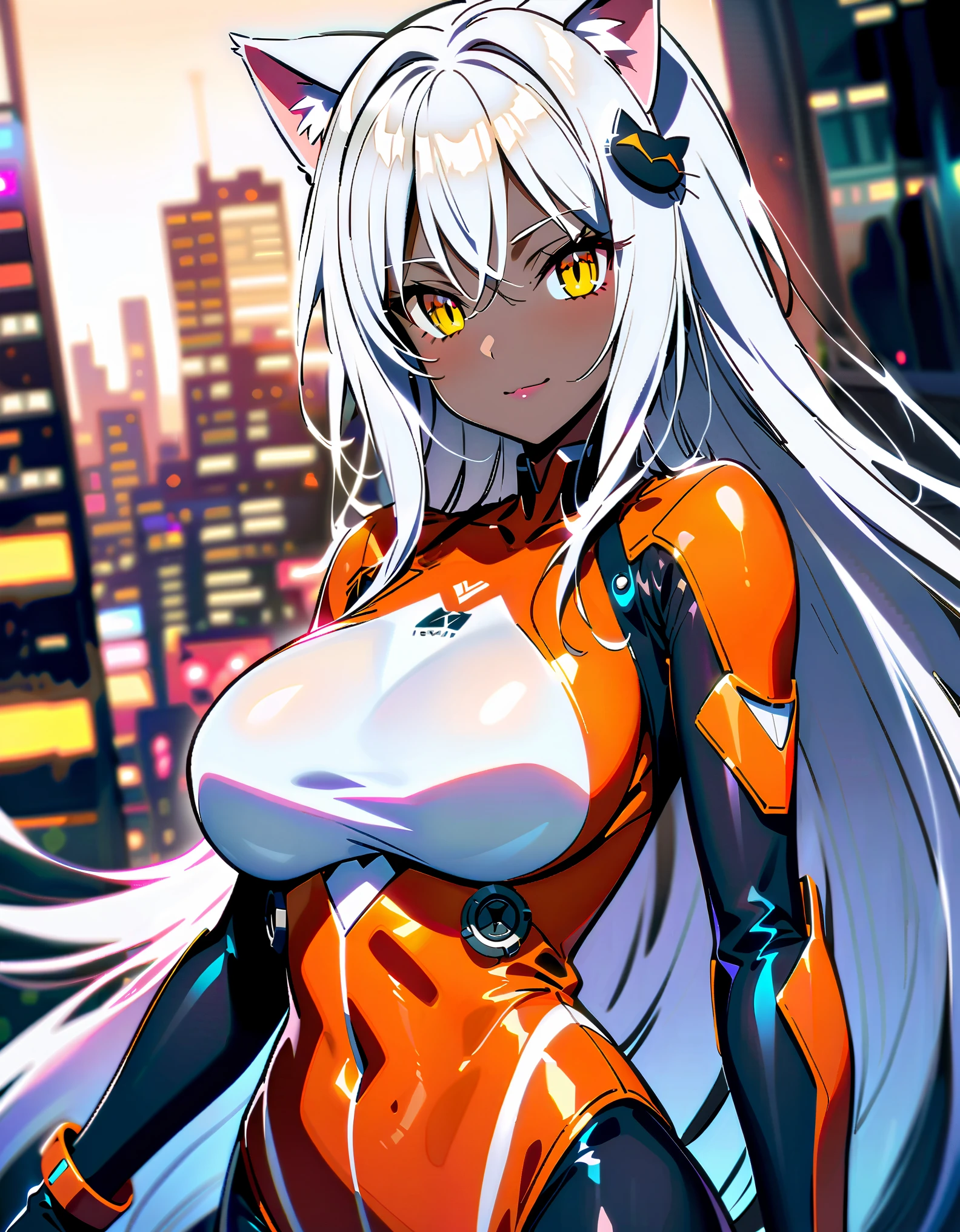 masterpiece, high quality, extremely detailed, 1girl, solo, (dark skin, black skin:2.1), koneko toujou, (huge breasts:1.2), ((((white hair), very long hair, yellow eyes, slit pupils, cat ears))), red lips, (((mechanical bodysuit, white-striped bodysuit))), ((light smile), closed mouth), ((futuristic cityscape))