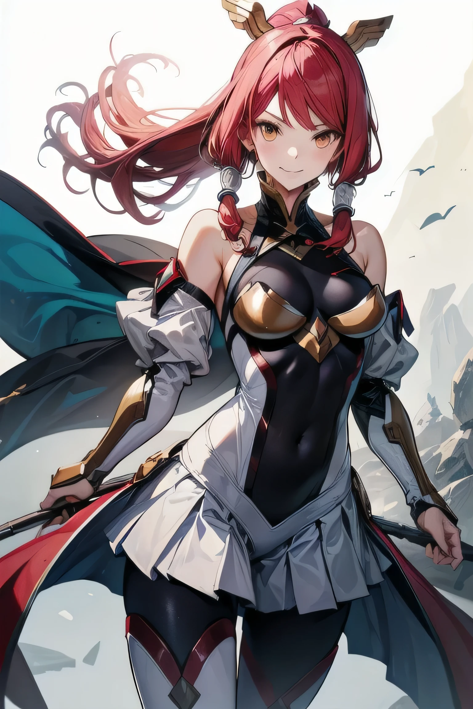 Izayoi (blazblue), orange eyes, red hair, ponytail, long hair, Small breasts, armor, bodysuit, boots, skin tight, skirt, thigh boots, thighhighs, 1girl, solo, facing viewer, looking at viewer, upper body, smile,
