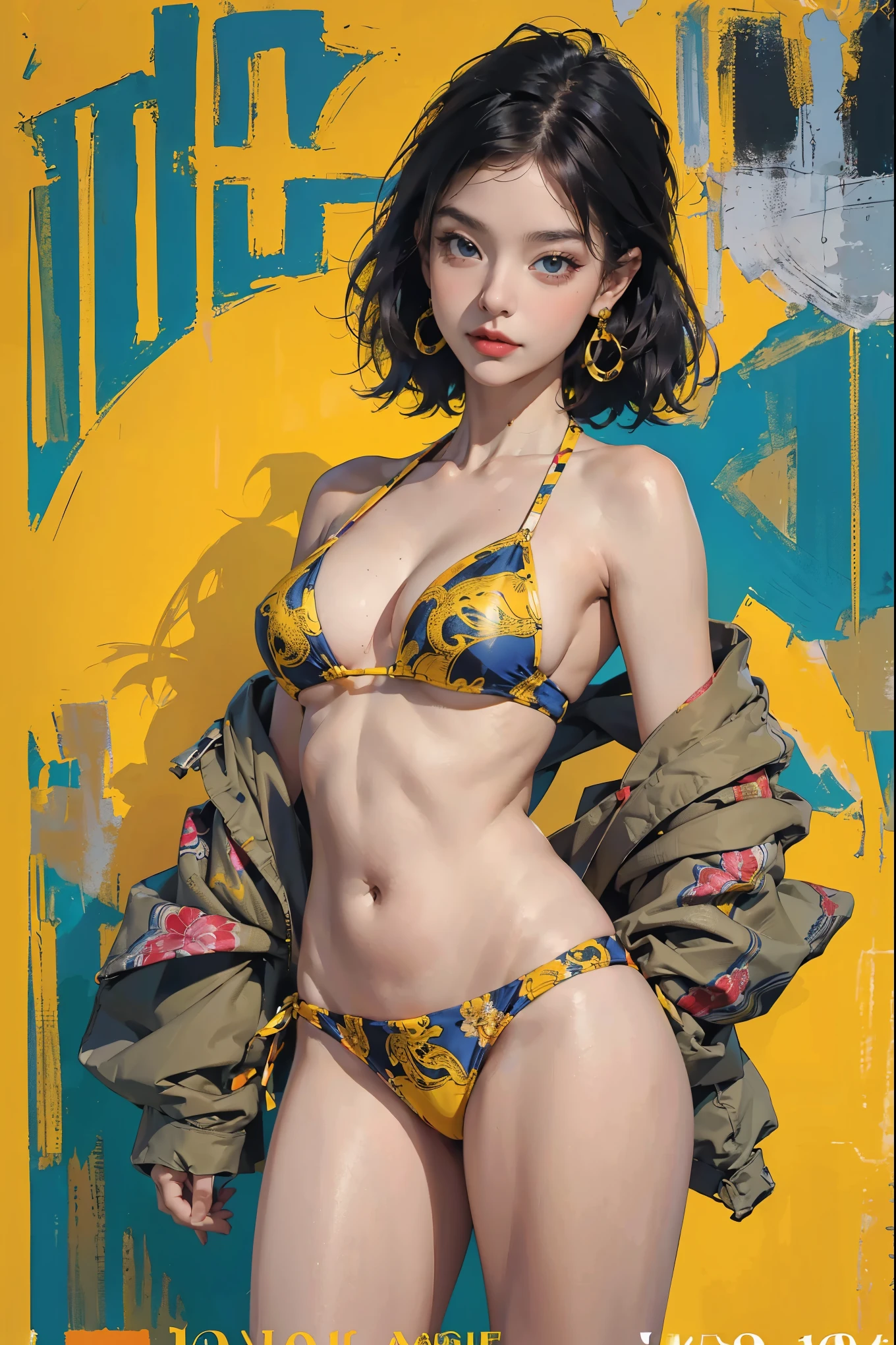 (Ultra-detailed, photorealistic, best quality,4k,8k,highres,masterpiece:1.3), (Vogue magazine cover), (Vogue Style Cover), Vogue style color paintings, 1 female, age 18, Brazilian-Japanese mix. With her tan skin and perfect body shape, she radiates an irresistible allure. Known for her super sexy appearance, her busty physique and long legs only enhance her appealing persona. Her body language is as captivating as her physical attributes, always exuding confidence and sensuality. (((She's wearing a Versace Barocco Bikini Top and Bottom, the iconic Barocco print enhancing her bold and daring persona))). ((intricate detail)), super finely detailed hands, ultra finely detailed fingers(((ten fingers))), (standing confidently), (full body showcase), (show full body), (no logos on background), (no logo).
