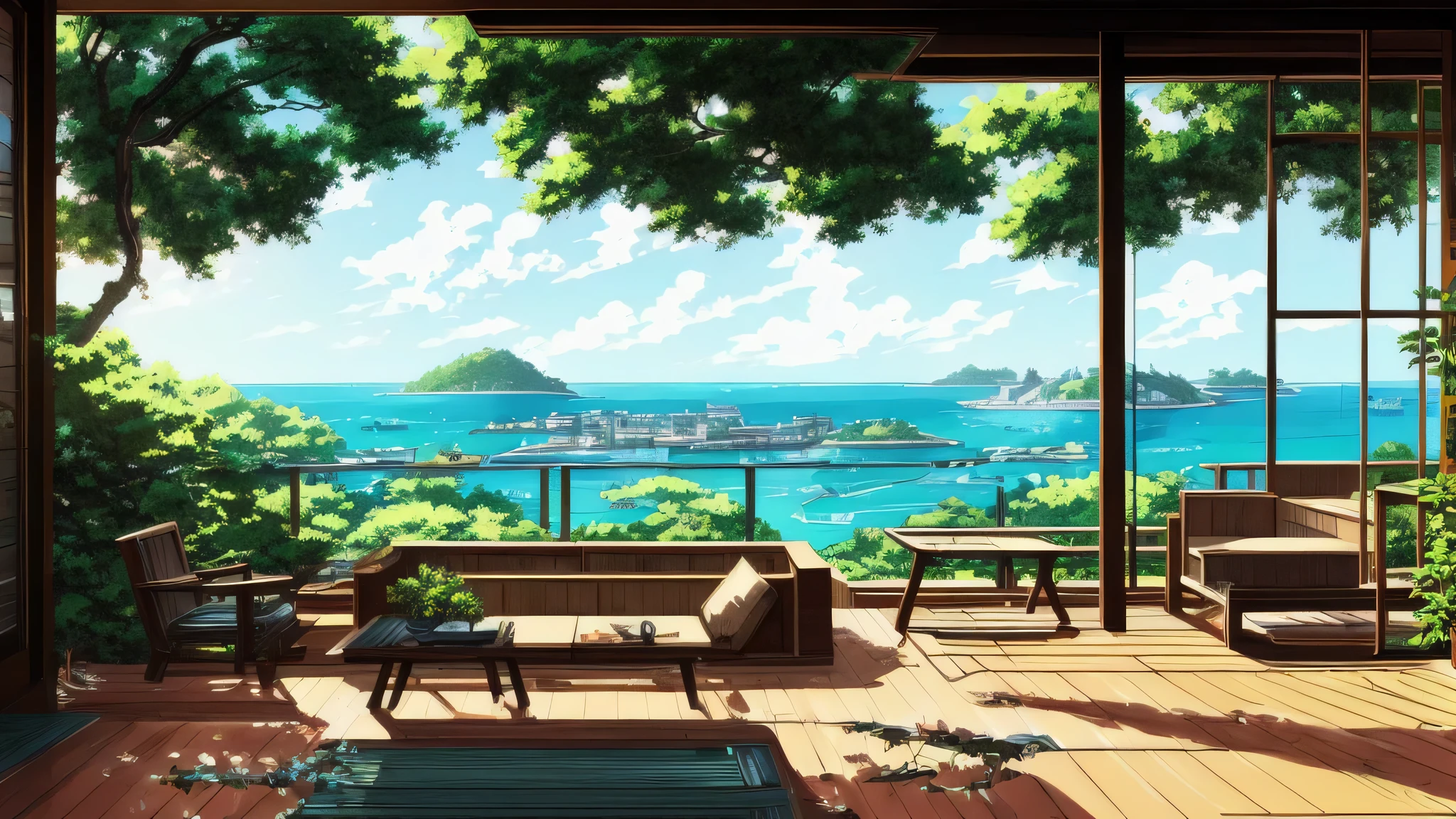 makoto shinkai, scenery, high quality, sunlight filtering through the foliage, Town with a view of the sea, Terrace seats, sofa, anime style, wood deck, large tree, Dilapidated building, robot, cyber punk, lanthanum, broken window, tree 、Japanese style room