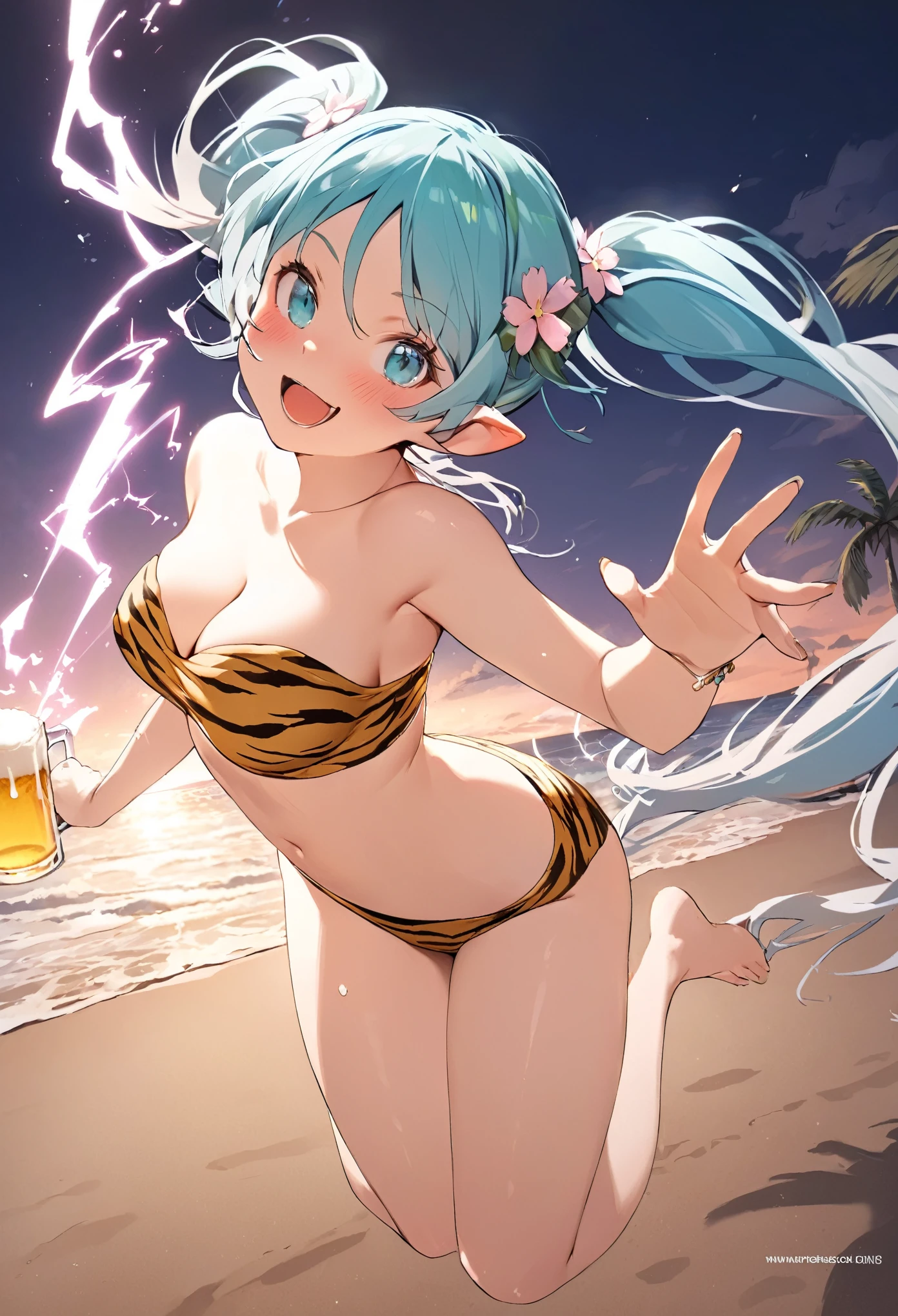  (masterpiece, best quality), lum,1 elven girl, ( bare breasts, thigh),  (light blue hair, twin tails ,very long hair is fluttering in the wind), full body, hand on hip , hair between eyes, multi colored hair,hair flower ornament ,(blush, smile, aqua eyes), open mouth, holding, cleavage, swimsuit, cup, beach, holding cup, alcohol, mug, beer, gold beer, beer mug,
very long hair, twin tails ,aqua hair, multi colored hair, flower hair ornament, breasts, looking at viewer, blush, jumping , smile, aqua eyes, close mouth, bangs, beach ,seashore, palm tree, navel, cleavage, bare shoulders, large  breasts , strapless swimsuit, tiger print strapless  swimsuit ,full body,  strapless bikini, tiger print strapless bikini , pointy ears,  electricity, tiger print, strapless bikini, electrokinesis
