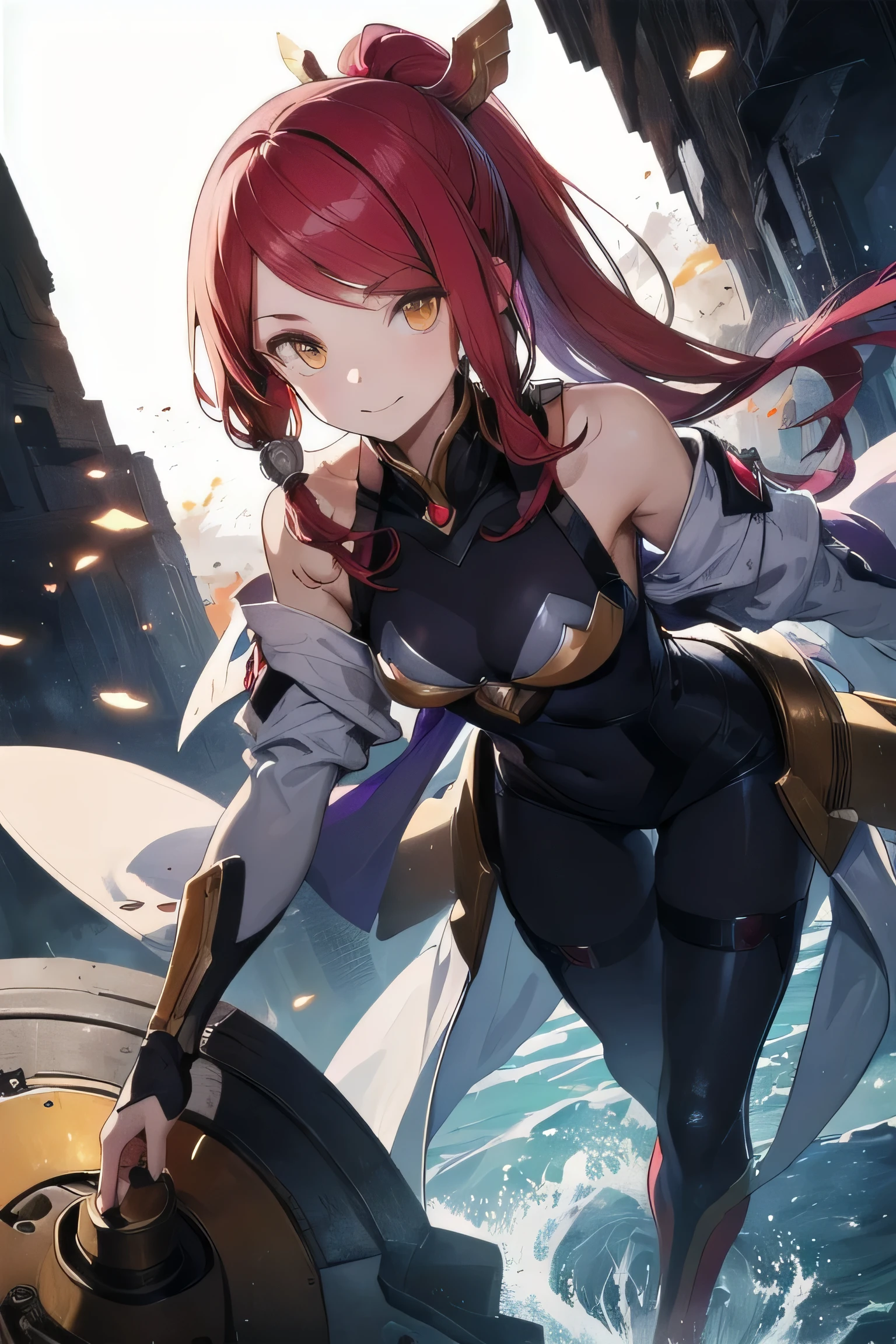 Izayoi (blazblue), orange eyes, red hair, ponytail, long hair, Small breasts, armor, bodysuit, boots, skin tight, skirt, thigh boots, thighhighs, 1girl, solo, facing viewer, looking at viewer, upper body, smile,
