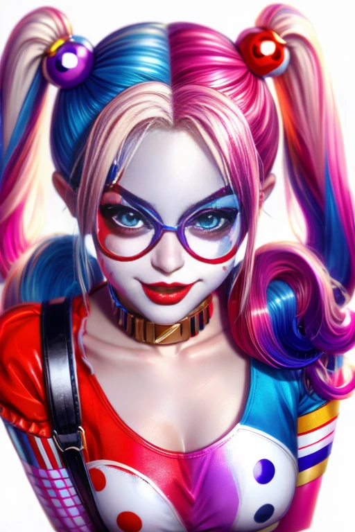 Hyper-realistic portrait of a Japanese girl dressed as Harley Quinn, colorful and playful outfit, close, shallow depth of field, soft lighting, High resolution, Precise Representation, Individuality, creative, bright, clear details, Canon EOS R5, 50MM lens, f/1.4, attractive, playful, Sophisticated, Well structured, Individuality pose