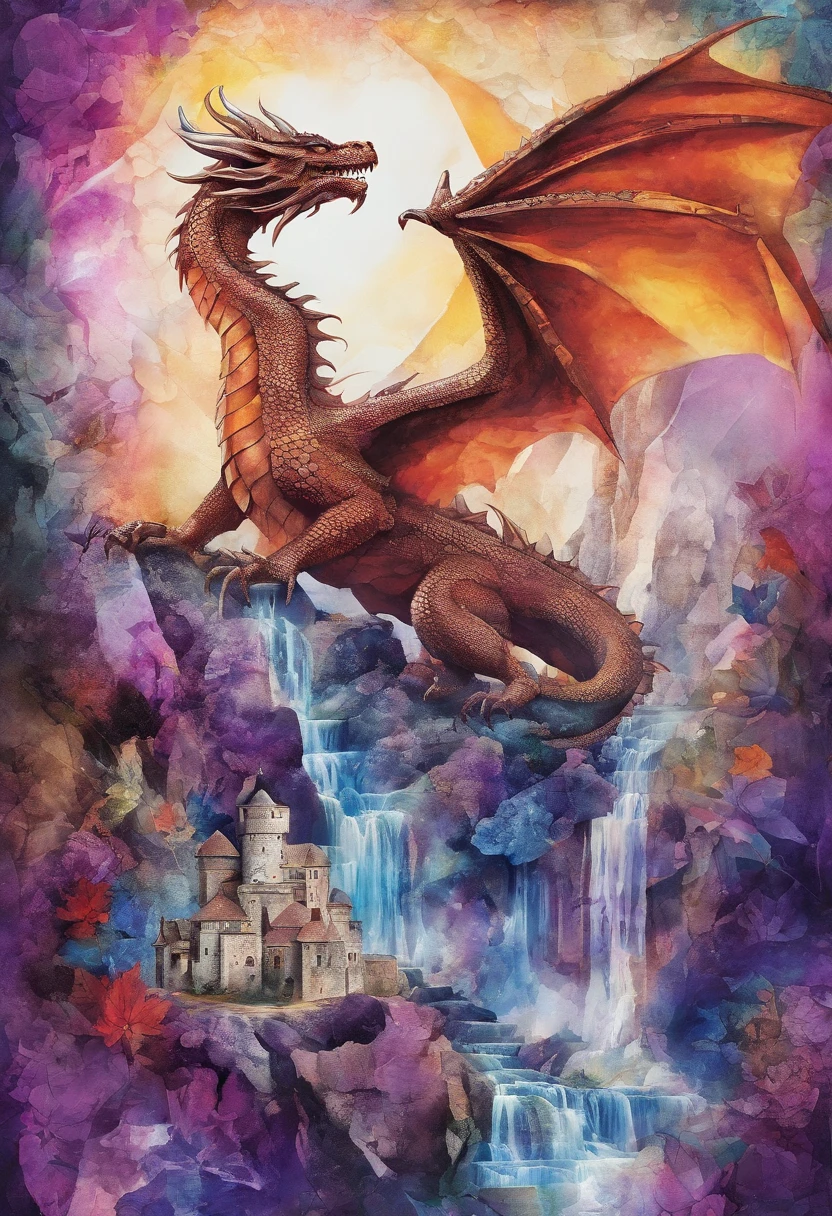 dragon cristal de roche, fonds caverne amethyste ::2 colorful ink painting ::2 art fantasy