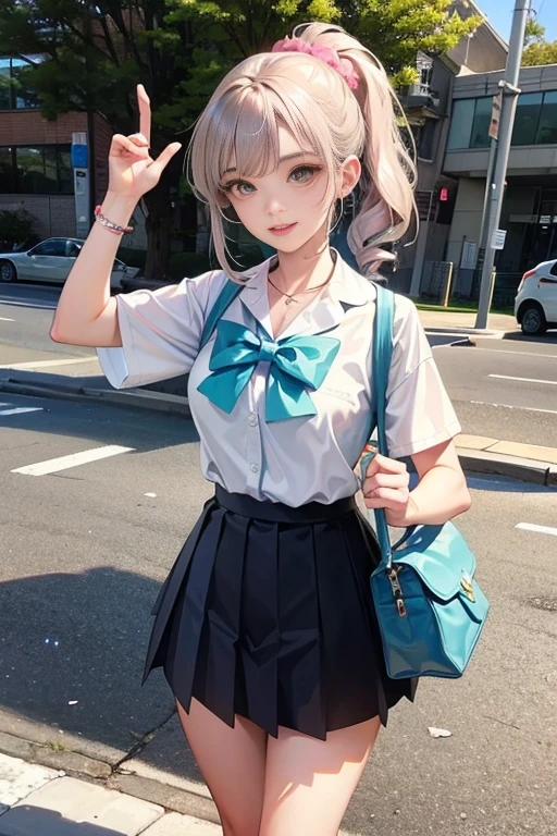 
masterpiece, best quality, physically-based rendering, high resolusion, RAW photo, photo realistic,

1 female, Japanese, white shirt, pink pleated skirt, (skirt lift:1), (from below), short sleeves, pink , school bag BREAK light pinkish silver hair BREAK dark skin BREAK side ponytails, flower hair ornament BREAK light blue scrunchie on wrist, mint green nails BREAK light brown Eyes, white eyeliner, 

Afternoon in the city BREAK 

((standing in the middle of the road))

 BREAK

((smile)),

from above sky:1.9