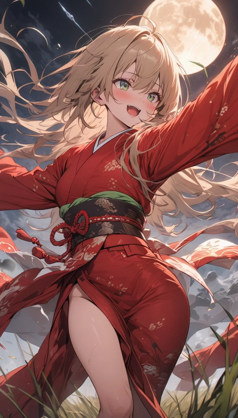 masterpiece, anime、, BREAK,highest quality, samurai in red kimono, Fabric flowing through the air, moon, northern grassland, software