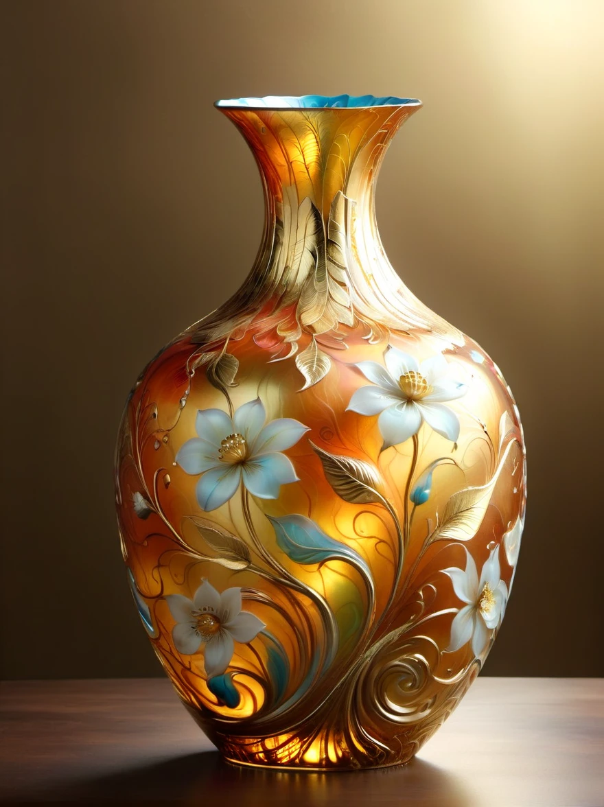 (Gold Leaf Art:1.6), A delicate vase made of artistic Murano glass with gold leaf,Various shades of gold foil colors shimmer in the golden morning sun,The beautiful pattern on the vase is like the graceful curves of gold foil,Like a melody in a dance,(The vase is filled with delicate gold leaf art flowers:1.5),As if under the charming charm of nature,They bloom into life in a whimsical magical garden