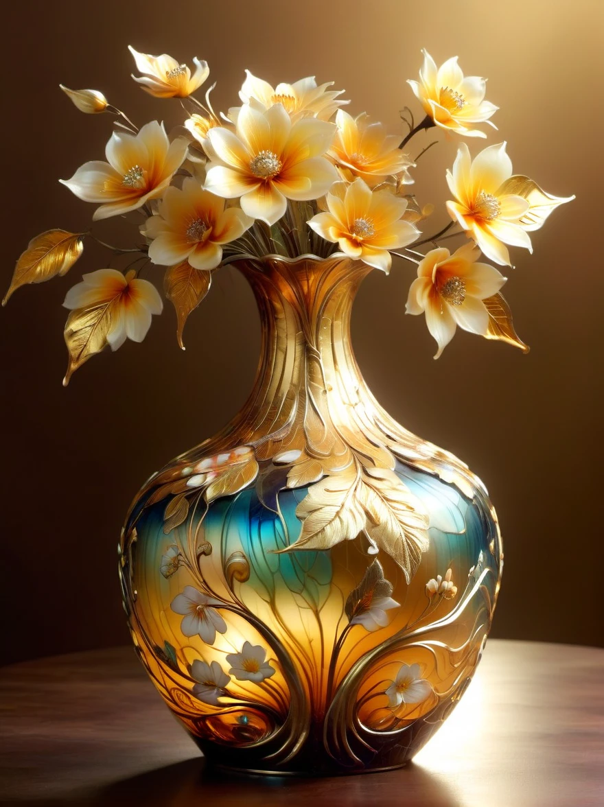 (Gold Leaf Art:1.6), A delicate vase made of artistic Murano glass with gold leaf，Various shades of gold foil colors shimmer in the golden morning sun，The beautiful pattern on the vase is like the graceful curves of gold foil，Like a melody in a dance，(The vase is filled with delicate gold leaf art flowers:1.5)，As if under the charming charm of nature，They bloom into life in a whimsical magical garden