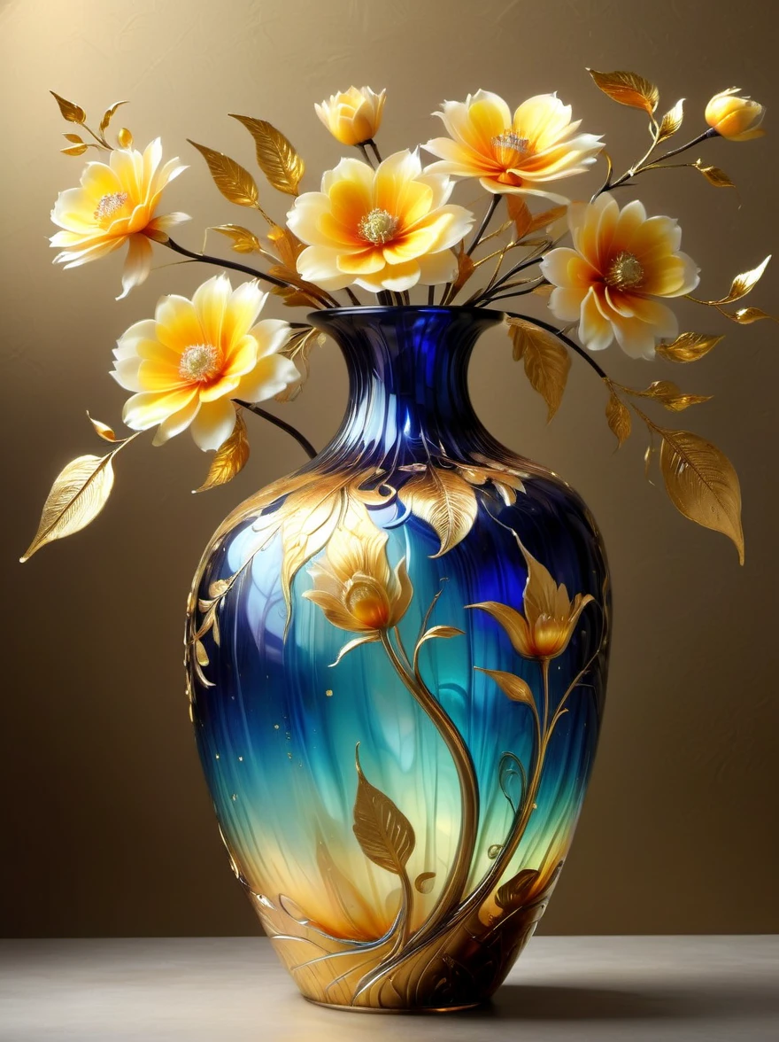 (Gold Leaf Art:1.6), A delicate vase made of artistic Murano glass with gold leaf，Various shades of gold foil colors shimmer in the golden morning sun，The beautiful pattern on the vase is like the graceful curves of gold foil，Like a melody in a dance，(The vase is filled with delicate gold leaf art flowers:1.5)，As if under the charming charm of nature，They bloom into life in a whimsical magical garden