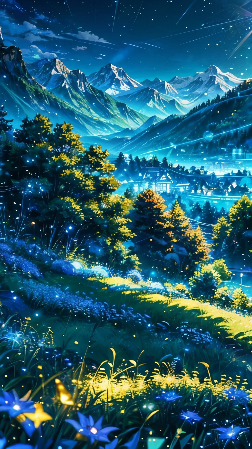 anime inspired greenery landscape alps with bright blue glass like sky shinning twinkling sparkling effect(bokeh effect) (fireflies)