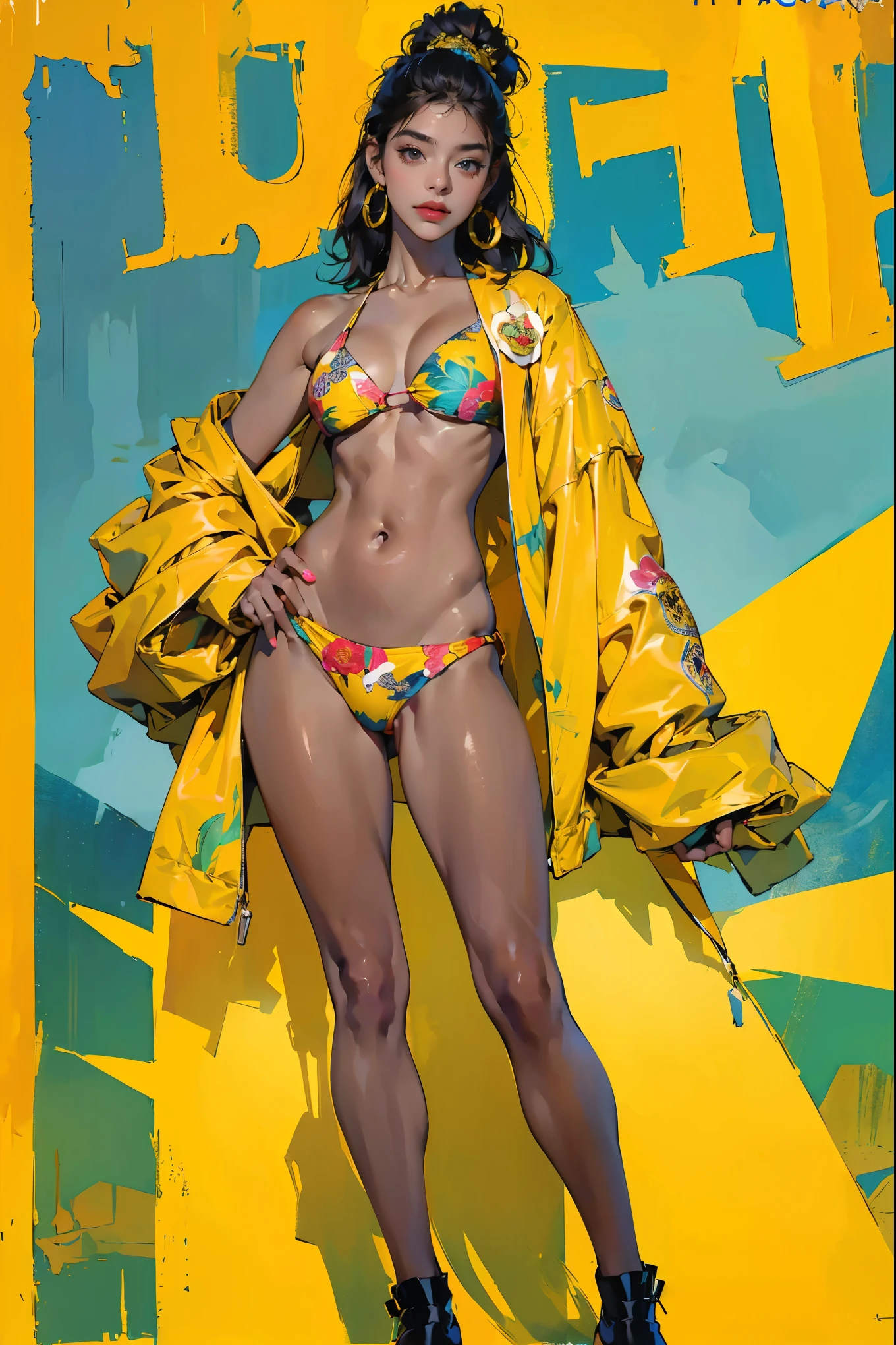 (Ultra-detailed, photorealistic, best quality,4k,8k,highres,masterpiece:1.3), (Vogue magazine cover), (Vogue Style Cover), Vogue style color paintings, 1 female, age 18, Brazilian-Japanese mix. With her tan skin and perfect body shape, she radiates an irresistible allure. Known for her super sexy appearance, her busty physique and long legs only enhance her appealing persona. Her body language is as captivating as her physical attributes, always exuding confidence and sensuality. (((She's wearing a Versace Barocco Bikini Top and Bottom, the iconic Barocco print enhancing her bold and daring persona))). ((intricate detail)), super finely detailed hands, ultra finely detailed fingers(((ten fingers))), (standing confidently), (full body showcase), (show full body), (no logos on background), (no logo).