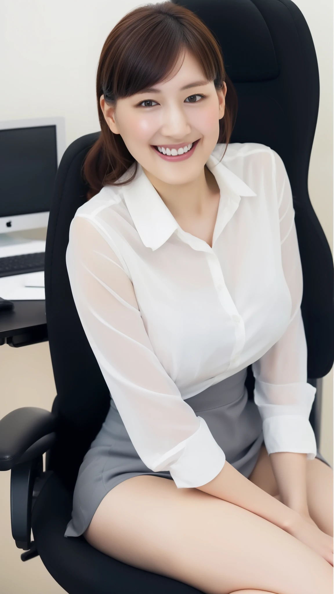 ((highest quality, 8K, Representative works in detail, ultra high resolution)), breast enhancement, (looking at the viewer), (middle shot:), Charming business woman１name, Ayase Haruka、a little chubby、light makeup、Amazing beauties、white collared shirt, gray skirt, (sitting in an office chair)), smile, office with computer,big bust、mini skirt、panties、open your legs、