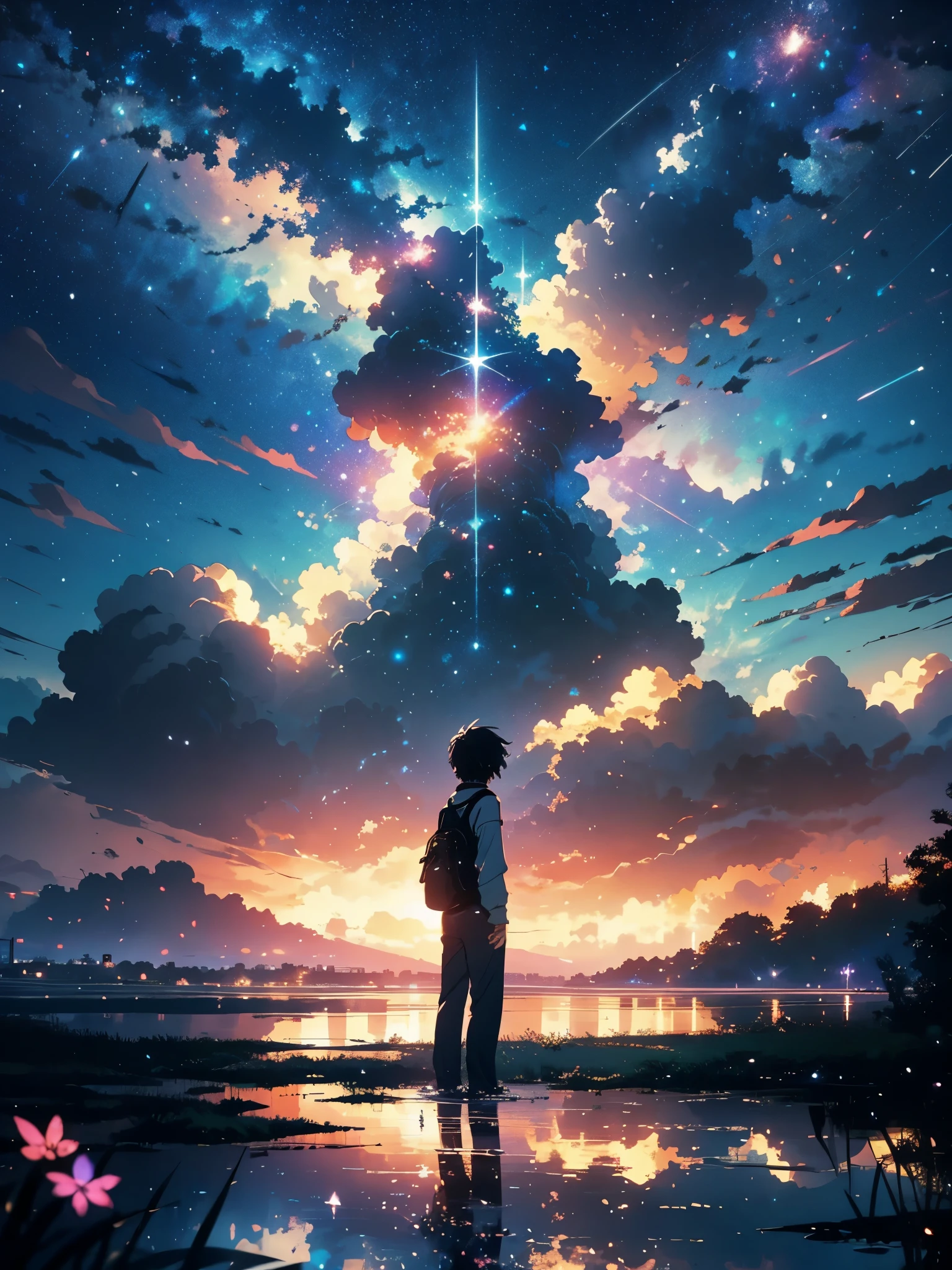 Obras Primas de Alta Qualidade, landscape, cloud, Anime train passing through a body of water on distant tracks, bright starry sky. traveller, romantic lights, pixiv, conceptual art, Lofi Art Style, reflection. makoto shinkai, Arte Roffey, beautiful anime scene, アニメのlandscape, 詳細なlandscape - 幅 672, Estilo de makoto shinkai, Estilo de makoto shinkai, Enhanced details.