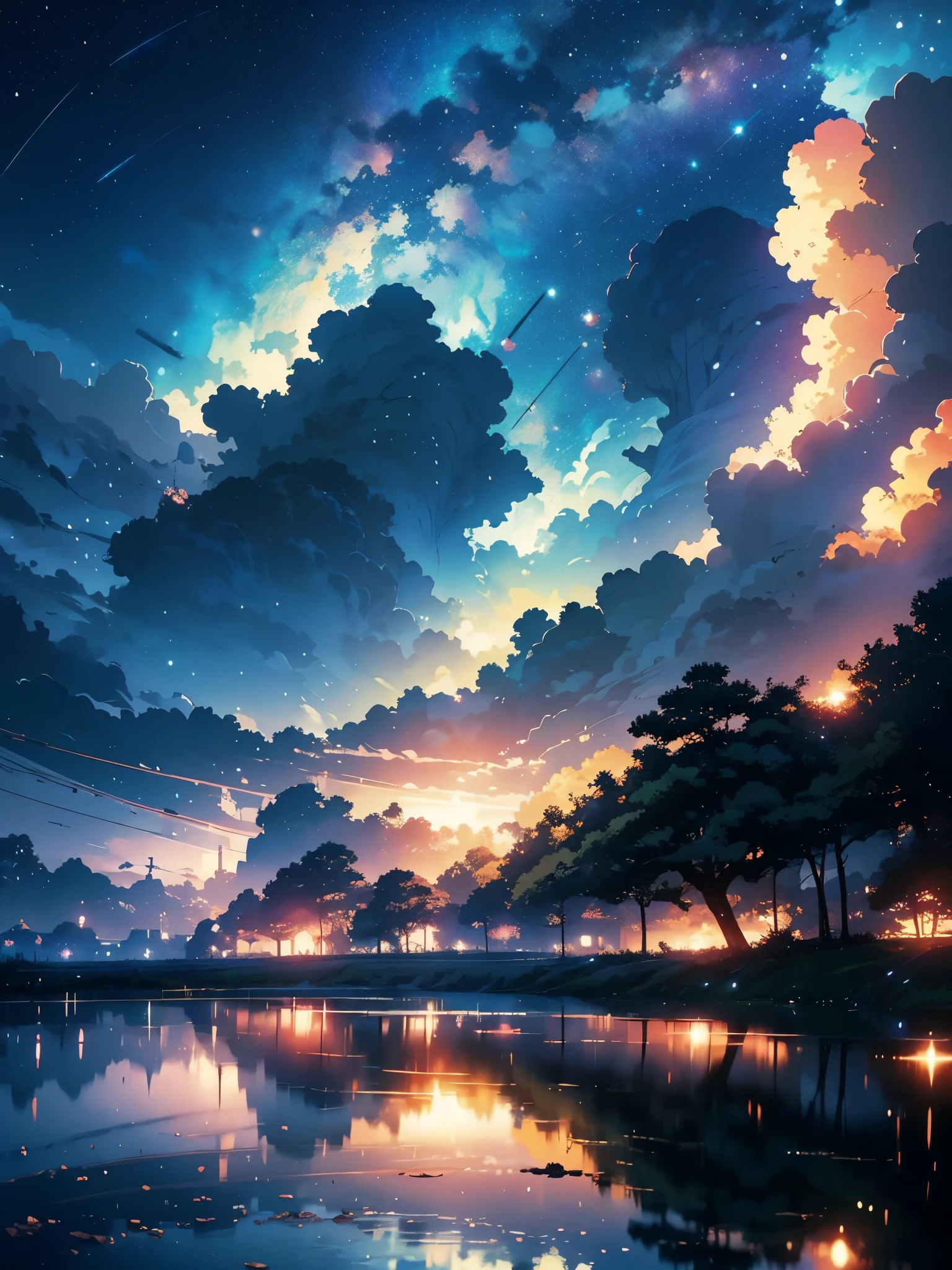 Obras Primas de Alta Qualidade, landscape, cloud, Anime train passing through a body of water on distant tracks, bright starry sky. traveller, romantic lights, pixiv, conceptual art, Lofi Art Style, reflection. makoto shinkai, Arte Roffey, beautiful anime scene, アニメのlandscape, 詳細なlandscape - 幅 672, Estilo de makoto shinkai, Estilo de makoto shinkai, Enhanced details.