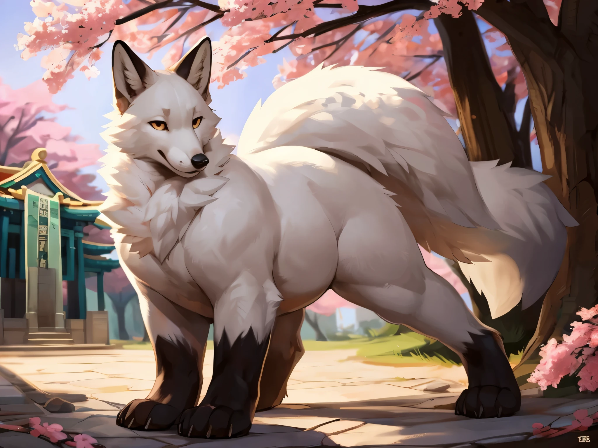 4k ultra quality, 4k full body view,(ultra high detailed body),(feral fox),by mystikfox61, by glitter trap boy,feral paws, by bebebebebe,by morethreedee, by seibear,(thick thigh),(chubby thigh),thicc thigh,thick legs,chubby legs,thicc legs,massive butt,enomorous thigh,massive thigh,massive legs,thick lower legs,wide legs,(detailed thigh),(wide thigh),fluffy belly sharp nails,((sfw)),(ultra detailed face),detailed eyes,big tail,fluffy tail,(detailed tail),enomorous tail,bigger tail,huge tail,volumetric light,muscle legs,big paws,(thick paws),fluffy paws,furry paws,enomorous paws,(animal focus), beast,(bigger lower body),strong lower body,(long legs),front view,master works, super fine, 4k resolution, high quality,high picture detail,dark fantasy,illusory engine, Masterpiece,dire fox,feral belly,faint lighting,sakura,shrine,white fox,white fur,huge fox,