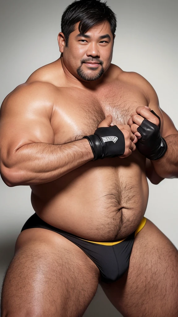 black hair, middle-aged man, individual, male, Muscular wrestler, muscular, Stout wrestler, Asian, Japanese, uncle, 55 year old middle-aged man, short hair, short hair, yellow wrestling boots, full body portrait, shadow, Vision, yellow briefs, obesity, 45 years old, short beard, middle-aged man, tattoo, fingerless gloves, Wheat skin, shiny skin, dark skin, Show your pectoral muscles, sumo wrestler, bodybuilder, wide temples, Visible abdominal muscles, Smile, Fine hands, solid color background, pure white background, Surrealism, Panorama, 8k, super detail，