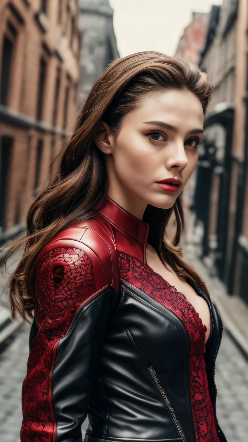 Highly detailed female photos, Lola Elizabeth, Scarlet Witch, the avengers, wearing a black lace dress, open red leather jacket, 8k uh, RAW photo, model photography, masterpiece, 最high quality, high quality, High resolution, ((close up of face))､(On a deserted city street)