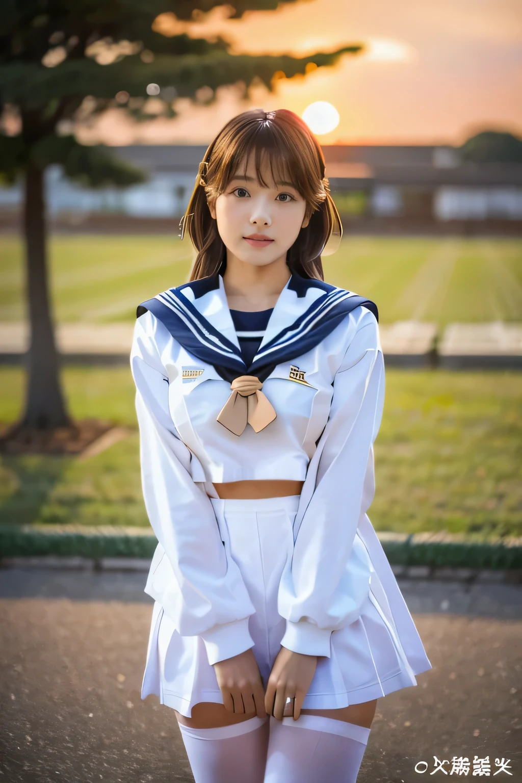 highest quality, masterpiece, high detail, 16K quality, beautiful , Light brown short hair, Light brown beautiful eyes, high school girl uniform, (sailor suit:1.5)、black pantyhose, White panties showing through pantyhose, Voluptuous big breasts, Large breasts that hang down by gravity, blush, she is looking at the camera, Enchanted expression, spread legs, night classroom, bright red sky, beautiful clouds in madder color,