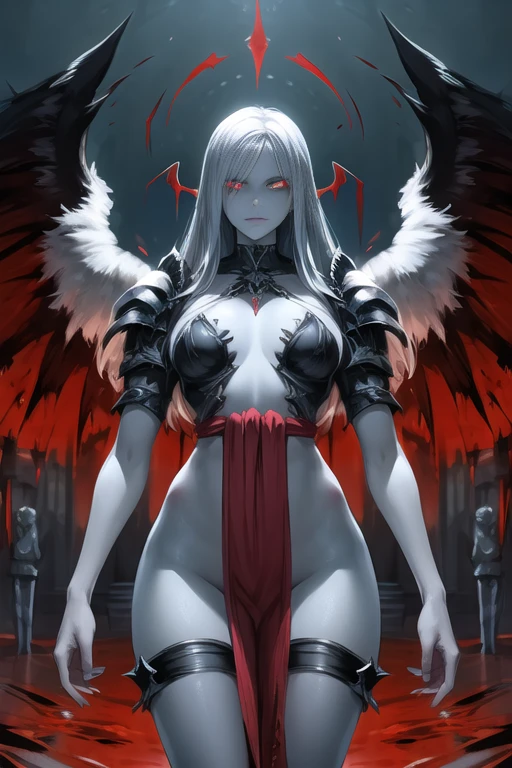 Grey skin, bloody, angel, rare, cursed maiden, loincloth, Angelic armor, beautiful woman, long silver hair, red glowing eyes, grey skin, black wings, palace ruins,