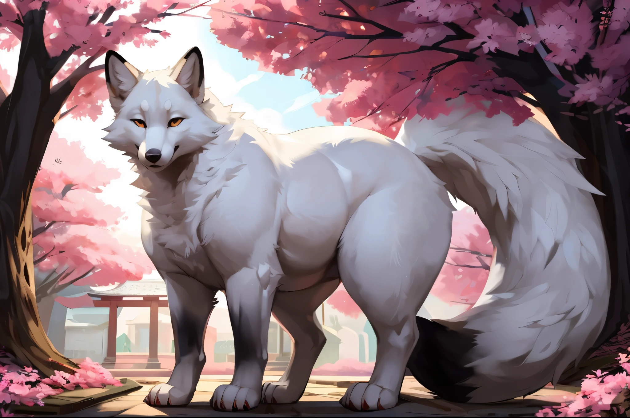 4k ultra quality, 4k full body view,(ultra high detailed body),(feral fox),by mystikfox61, by glitter trap boy,feral paws, by bebebebebe,by morethreedee, by seibear,(thick thigh),(chubby thigh),thicc thigh,thick legs,chubby legs,thicc legs,massive butt,enomorous thigh,massive thigh,massive legs,thick lower legs,wide legs,(detailed thigh),(wide thigh),fluffy belly sharp nails,((sfw)),(ultra detailed face),detailed eyes,big tail,fluffy tail,(detailed tail),enomorous tail,bigger tail,huge tail,volumetric light,muscle legs,big paws,(thick paws),fluffy paws,furry paws,enomorous paws,(animal focus), beast,(bigger lower body),strong lower body,(long legs),front view,master works, super fine, 4k resolution, high quality,high picture detail,dark fantasy,illusory engine, Masterpiece,dire fox,feral belly,faint lighting,sakura,shrine,white fox,white fur,huge fox,