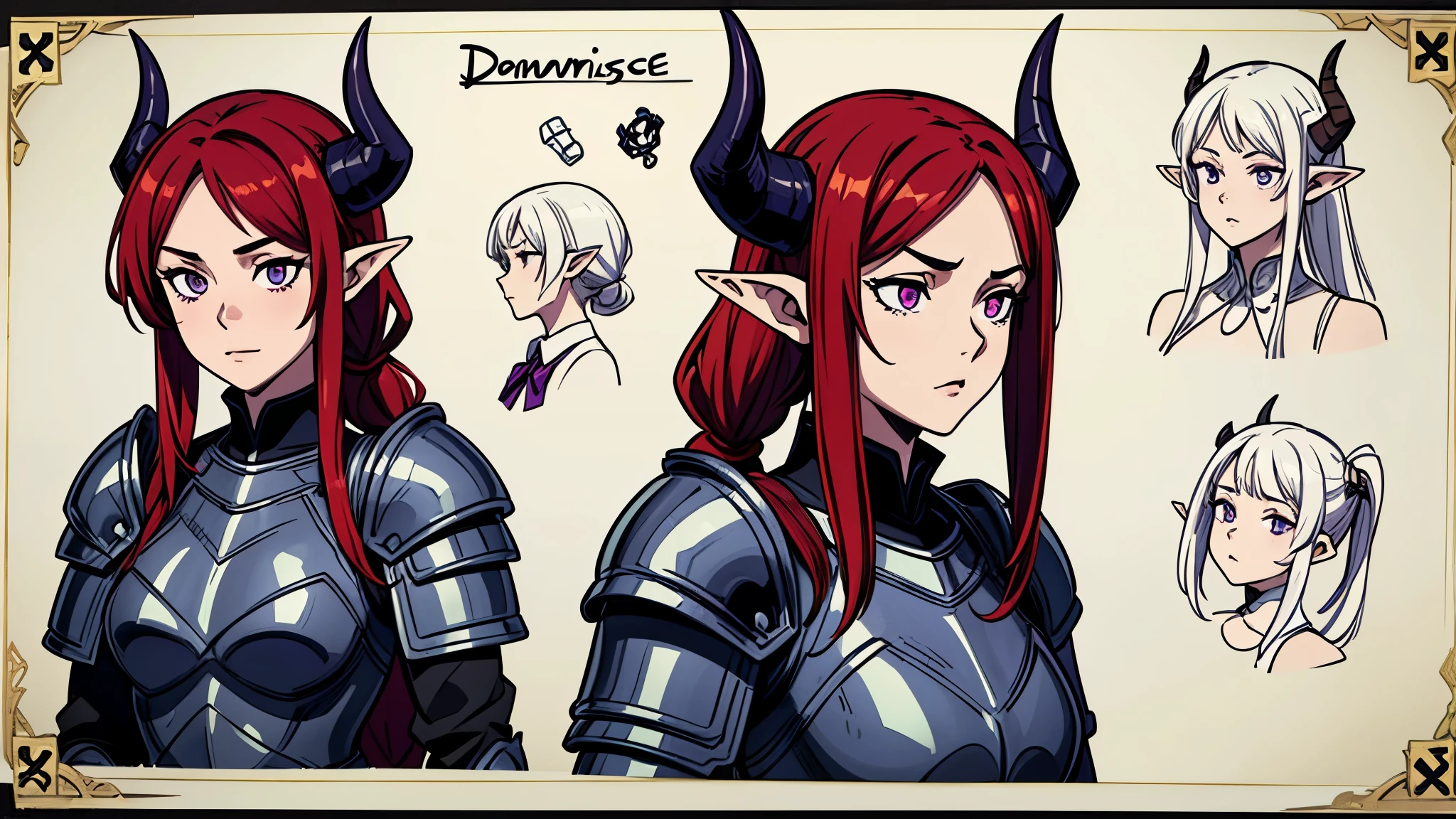 (Masterpiece, best quality), detailed, character sheet, many items (the same person, medieval royal demonic fullplate heavy armor, many parts), athletic, busty, demon, demon girl, detailed beautiful purple eyes, detailed face, pointy ears, red hair and white skin, braided ponytail, demon horns, full of details.