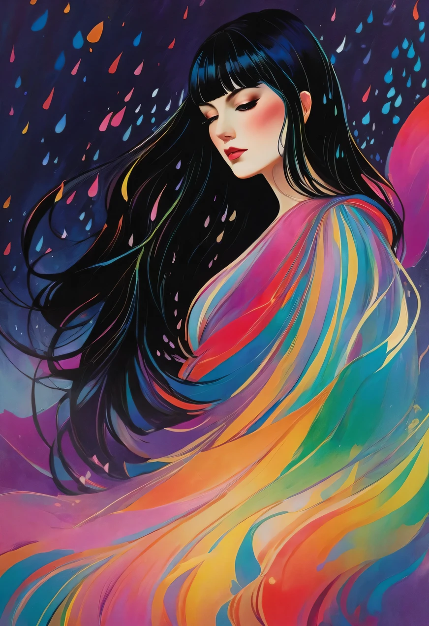 chiaroscuro technique on sensual illustration of an elegant queen (((long hair with bangs:1.4、Beautiful bangs) , vintage ,silky dress, matte painting, by John Singer Sargent, by Harumi Hironaka, abstract background, (upper body:1.5), Rainbow rain, highly detailed, digital artwork, high contrast, dramatic, refined, tonal, an intimate, seductive studio setting with a focus on sensuality and romance. Utilize soft, warm lighting that bathes the space in a gentle, inviting glow. Incorporate luxurious fabrics, plush furnishings, and a touch of decadence to evoke an opulent ambiance. The scene should exude an air of serenity and anticipation, inviting the viewer into a sensual and romantic space