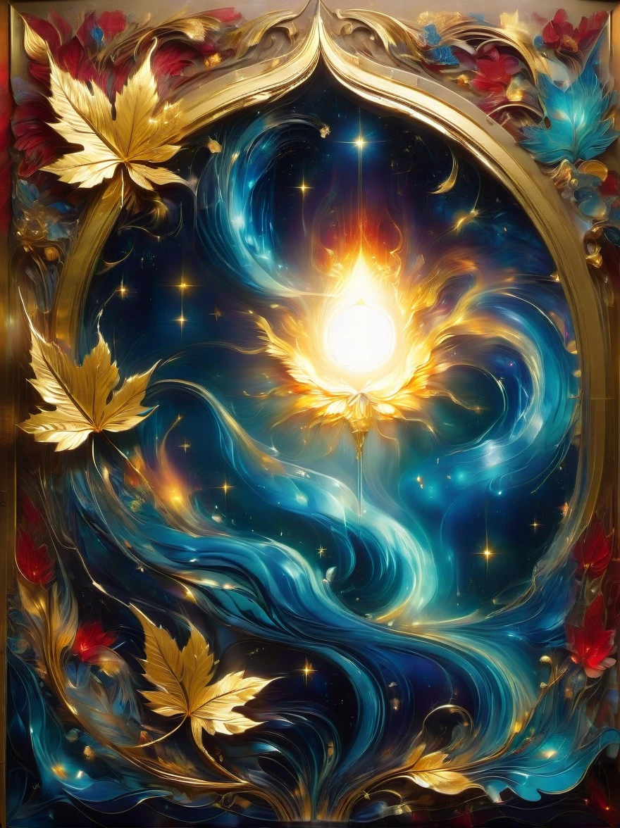 (Gold Leaf Art:1.6), Intricately designed gold leaf art glass windows，Full of red，blue，and golden hues，Gold leaf art brings religious imagery to life，The windows are bathed in soft golden sunlight，Create an ethereal atmosphere around，The presence of figures and the delicate brushwork further enhance the beauty of the composition.