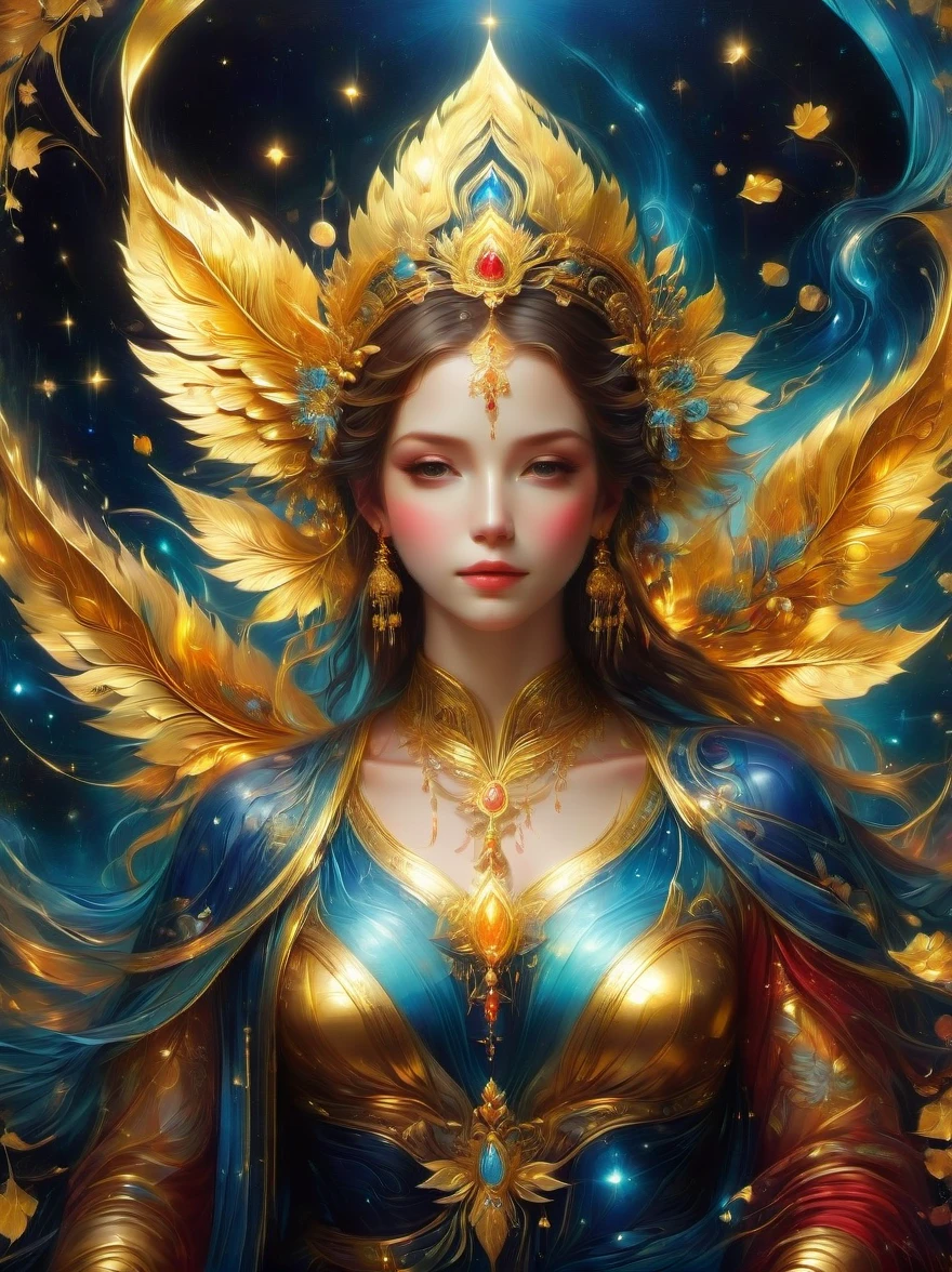 (Gold Leaf Art:1.6), Intricately designed gold leaf art glass windows,Full of red,blue,and golden hues,Gold leaf art brings religious imagery to life,The windows are bathed in soft golden sunlight,Create an ethereal atmosphere around,The presence of figures and the delicate brushwork further enhance the beauty of the composition.