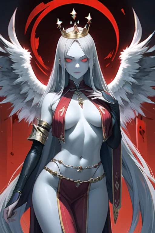 Grey skin, blood halo, angel, rare, cursed maiden, loincloth, Angelic armor, beautiful woman, long silver hair, red glowing eyes, grey skin, black wings, palace ruins,
