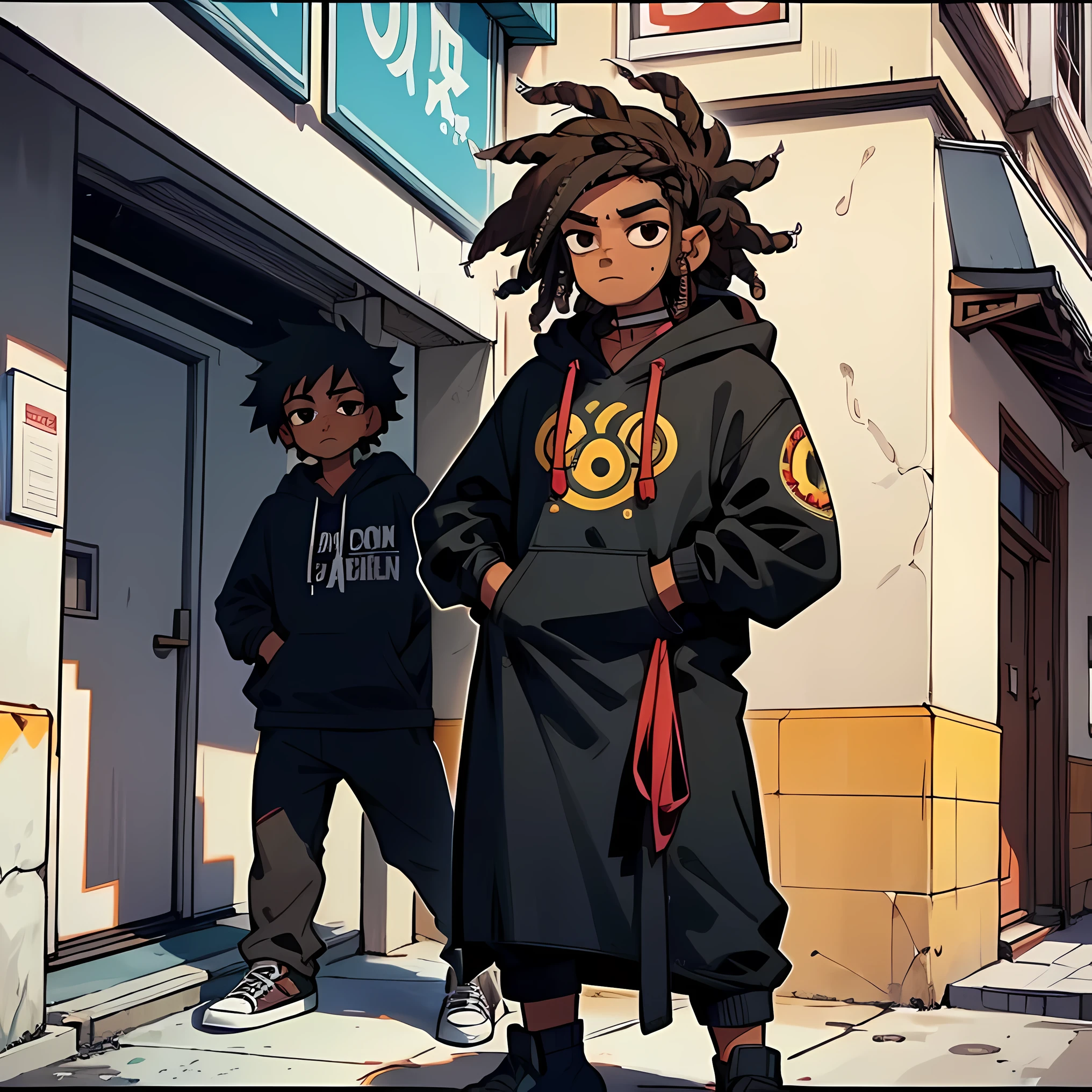 1male , Lightskinned Brown Skin , dreadlocks , Messy Hair , Black Hair , Black Eyes , Tired Eyes , Calm Expression , Black Hoodie , Standing on sidewalk