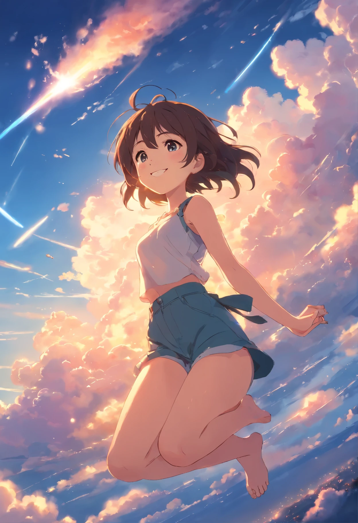 masterpiece, best quality, movie still, 1girl, cloud girl, nude girl, cute, smile, floating in the sky, small breast, bright, happy, warm soft lighting, sunset, (sparks:0.7), wheathering with you, cowboy shot,
