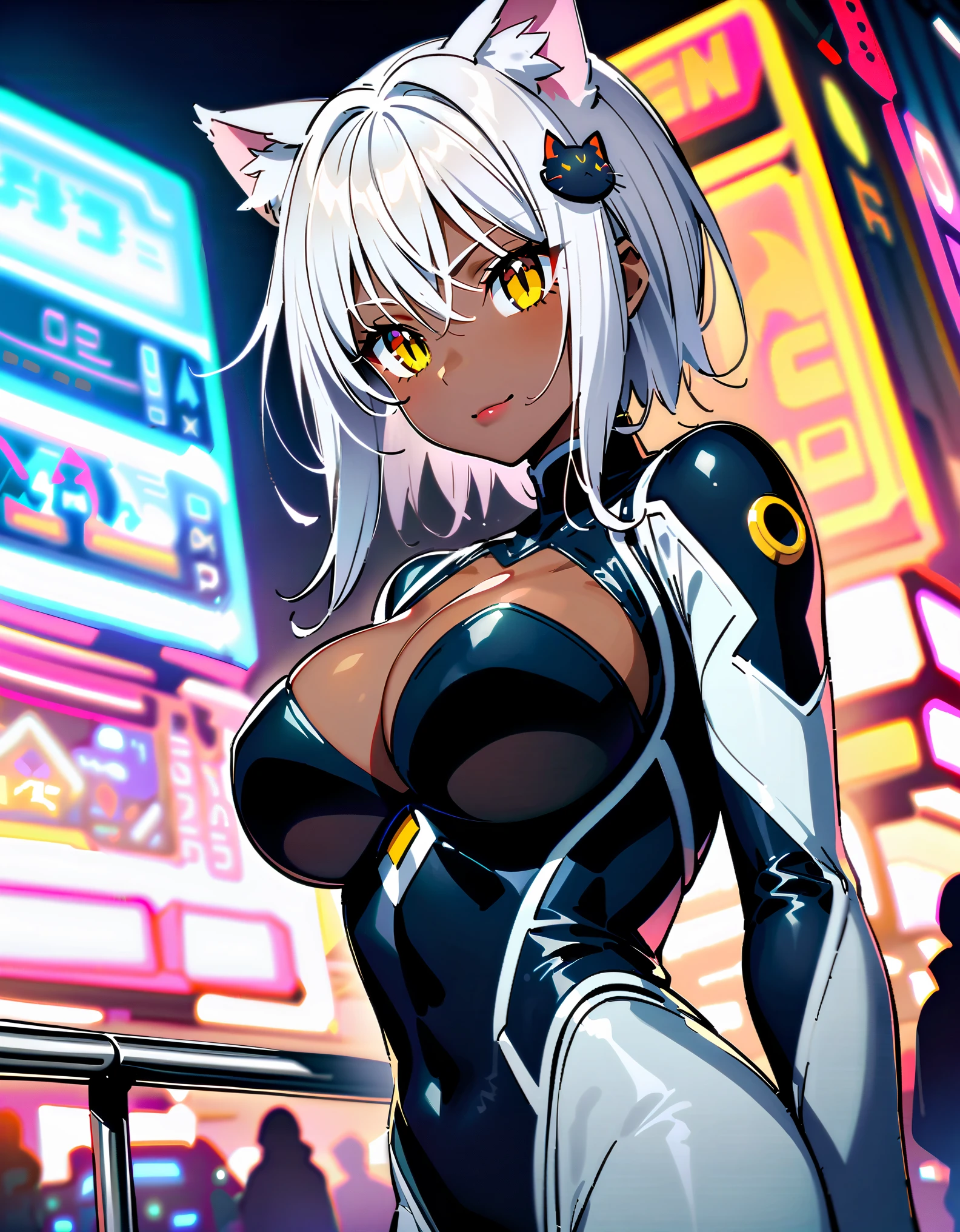 masterpiece, high quality, extremely detailed, 1girl, solo, (dark skin, black skin:2.1), koneko toujou, (huge breasts:1.2), ((((white hair), very long hair, yellow eyes, slit pupils, cat ears))), red lips, (((mechanical bodysuit, white-striped bodysuit))), ((light smile), closed mouth), ((futuristic cityscape))