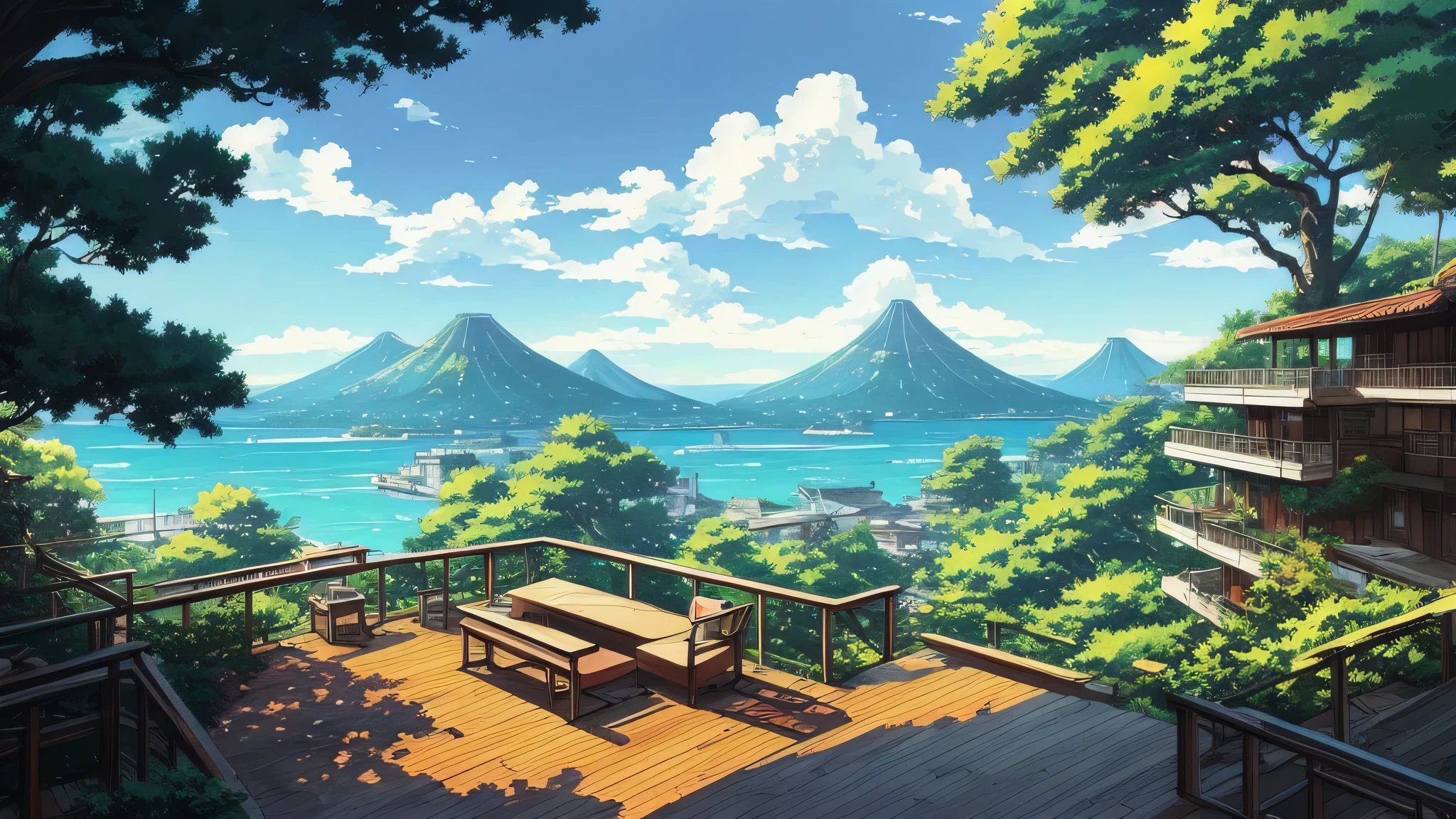 makoto shinkai, scenery, high quality, sunlight filtering through the foliage, Town with a view of the sea, Terrace seats, sofa, anime style, wood deck, large tree, Dilapidated building, robot, cyber punk, lanthanum, broken window, tree 、Japanese style room