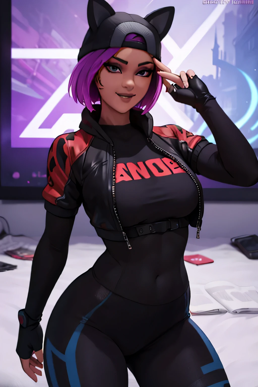 Leggins lince negro con chaqueta negra con azul guantes sin dedos jugando videojuegos sentada sonriendo con ojos finos
