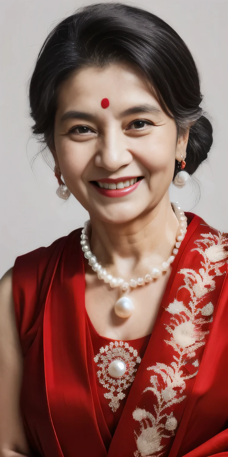 A beautiful nepali an old woman age 50 years with small silky hair and black eyes, wearing a red  sari dress and a pearl necklace, earring,smiling at the camera.  Realistic   