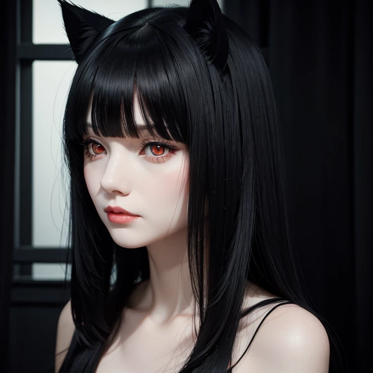 Female, red eyes, long black hair with bangs, pale skin, black cat ears