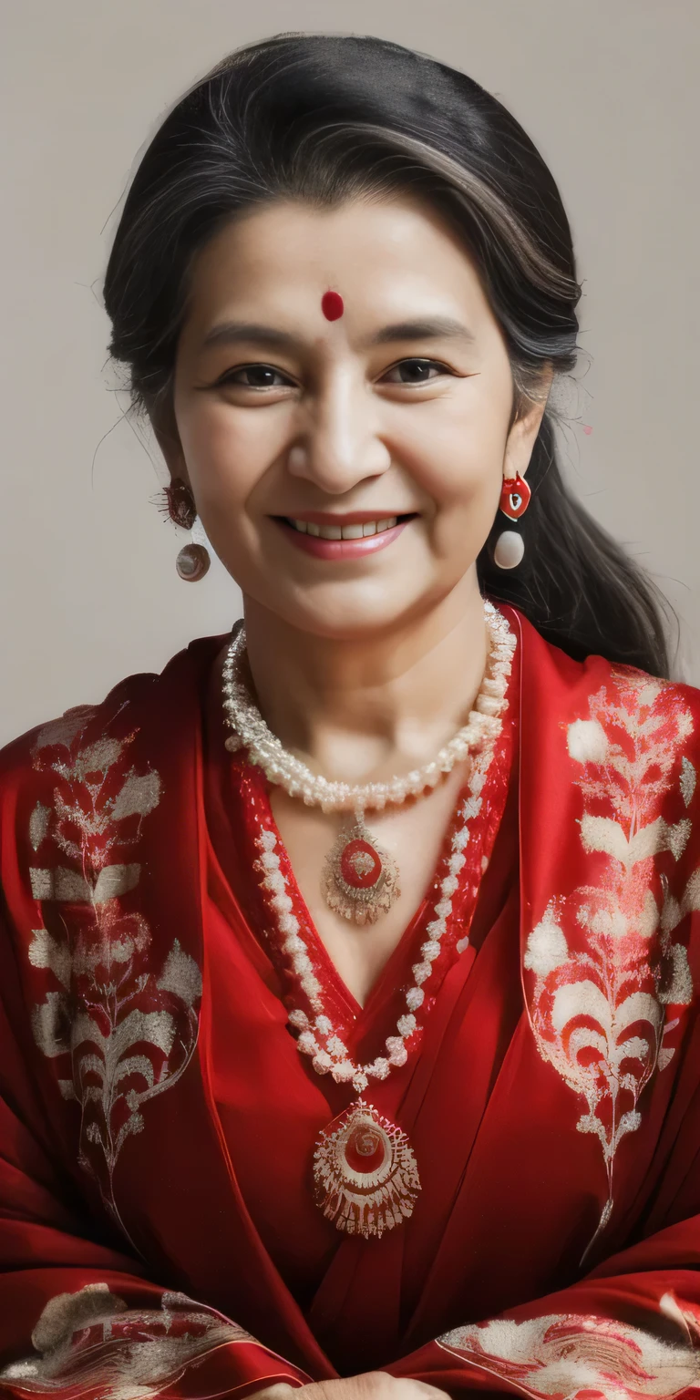 A beautiful nepali an old woman age 50 years with small silky hair and black eyes, wearing a red  sari dress and a pearl necklace, earring,smiling at the camera.  Realistic   
