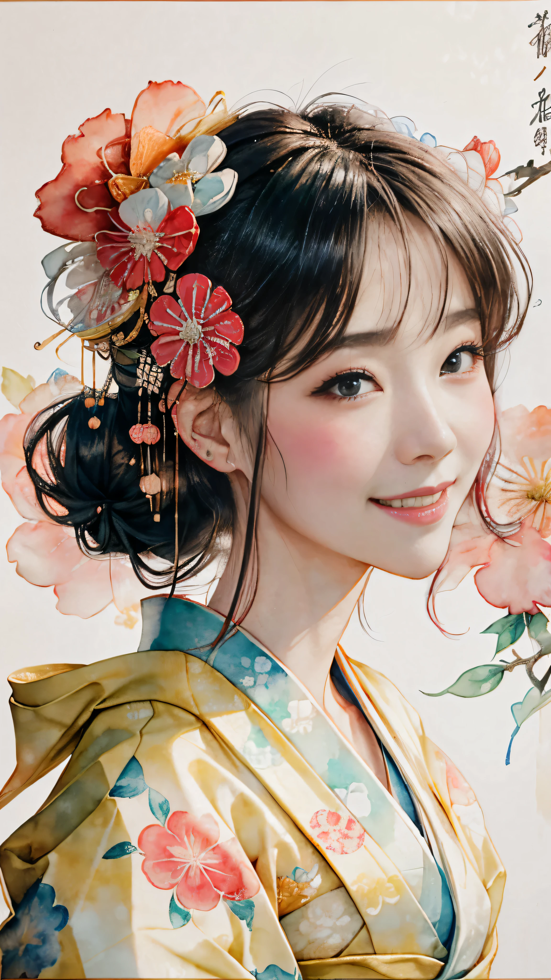 8K, de primera calidad, high resolution, Beautiful 25 year old woman, Bollos de flores al vapor, rubor, sonrisa, (traditional japanese kimono:1.3)、kimono de lujo、sin arrugas en absoluto,pintura de acuarela, (adorno de pelo de flores:1.3)