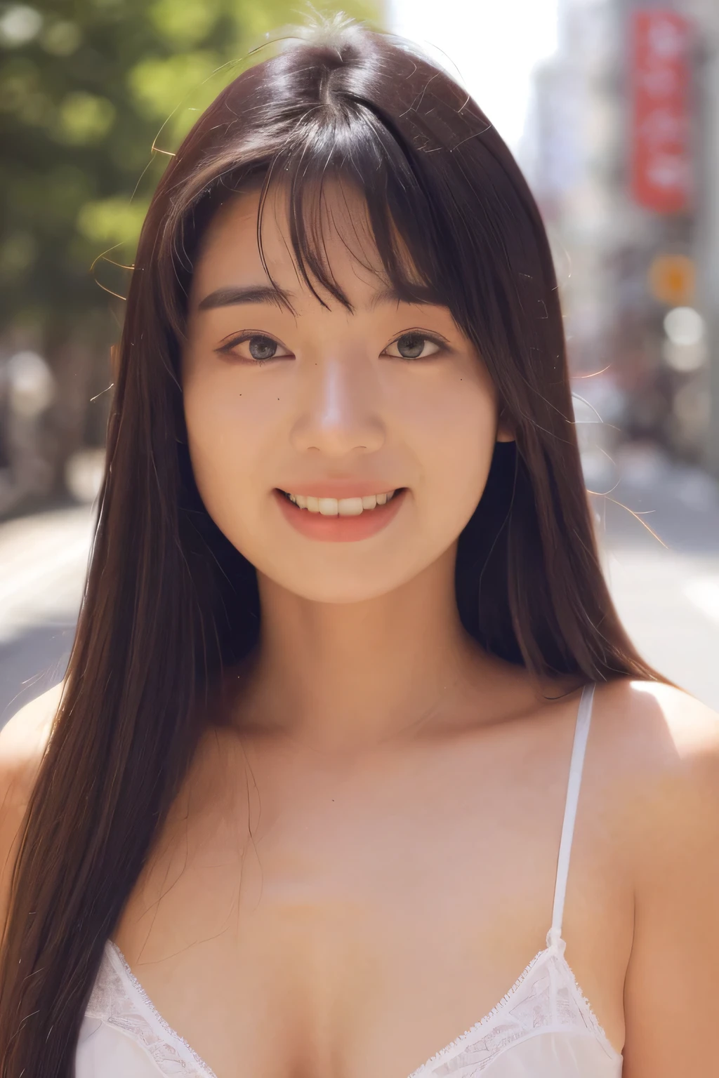 NSFW:1.5,((highest quality、8K resolution、master masterpiece、portrait:1.3)), Photoreal, 35mm film, 1 Japanese female, Upper body、on the street during the day, wrinkles around the eyes、plump body、cleavage、long hair_bangs、smile,((white bra_panties:1.3)) , (outdoor:city street 1.3), jumbled background,look at the audience,Tokyo cityscape:1.3,close your mouth