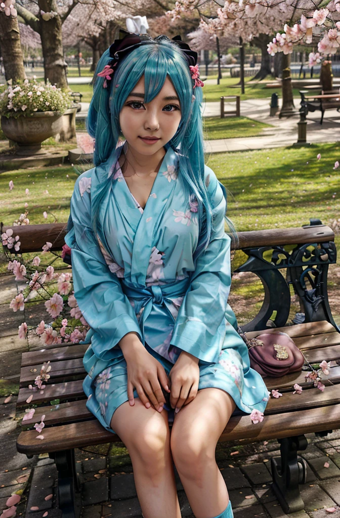 Hatsune Miku wearing Yukata in the park sitting on the bench under the cherry blossom tree 