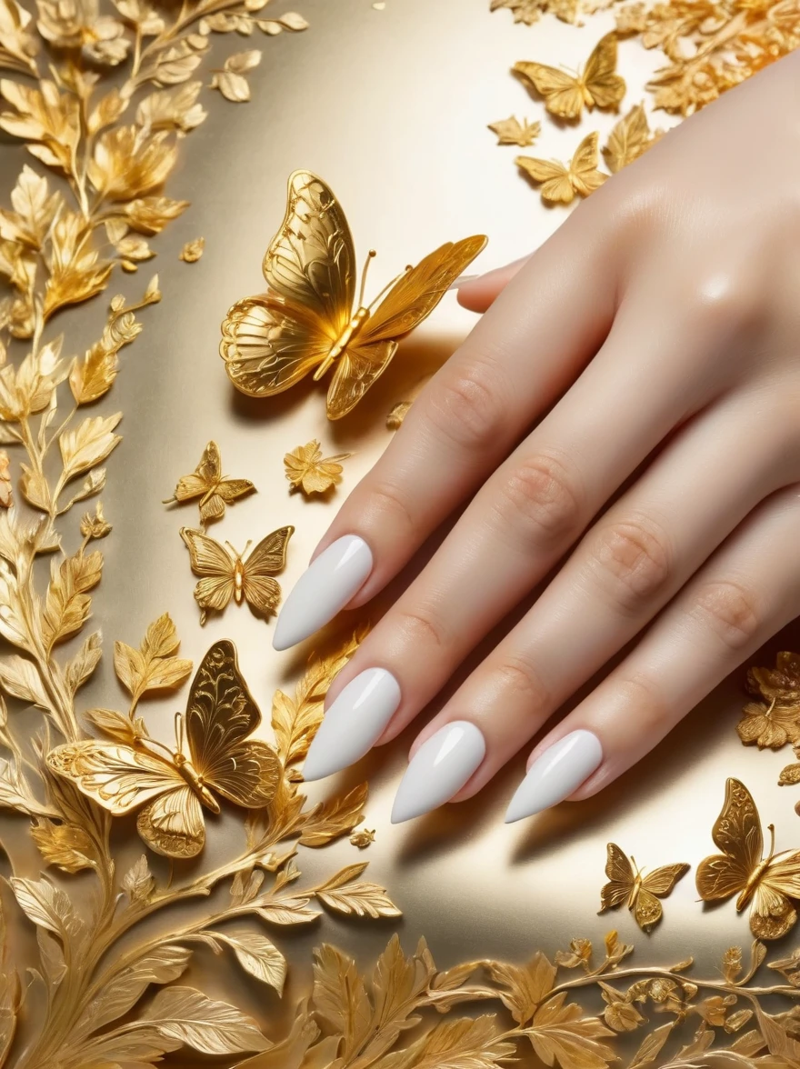 (Gold Leaf Art:1.5), (Long nails painted with gold foil:1.5)，(5 fingernails:1.5)，Close-up depiction of nail art design shows intricate gold foil butterfly pattern，In soft gold foil tones，exquisite details，Complexity，Sophistication，lifelike，Its artistry is similar to logos associated with premium brands，暗示着魅力和美丽世界中普遍存在的精湛金箔工艺和Complexity，This perspective allows viewers to take a close look at the miniature world of nail art，Emphasizing the dexterity of the craftsmen and the overall charm of gold leaf art in the beauty industry