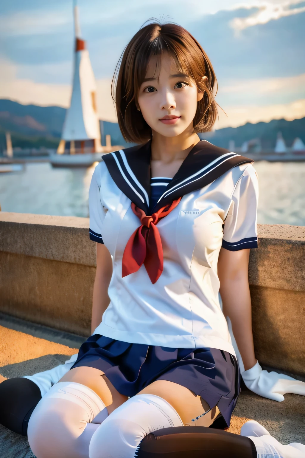 highest quality, masterpiece, high detail, 16K quality, beautiful , light brown short cut hair, Light brown beautiful eyes, high school girl uniform, (sailor suit:1.5)、((black stockings:1.5)), White panties showing through pantyhose, Voluptuous big breasts, Large breasts that hang down by gravity, blush, she is looking at the camera, Enchanted expression, spread legs, night classroom, bright red sky, beautiful clouds in madder color,