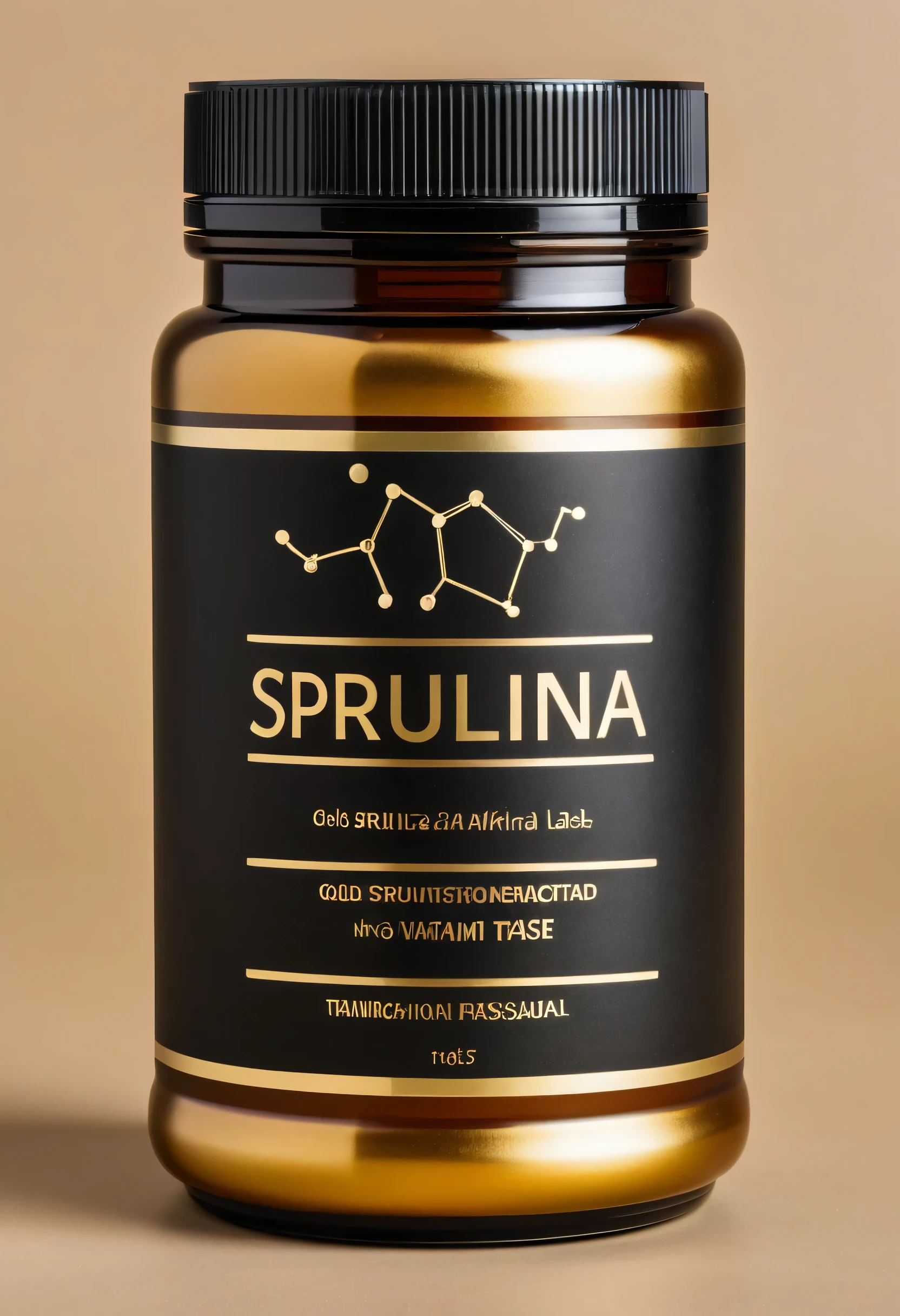 Brown vitamin jar, gold lines on black label, DNA molecule on a label, black label, the inscription on the label SPIRULINA